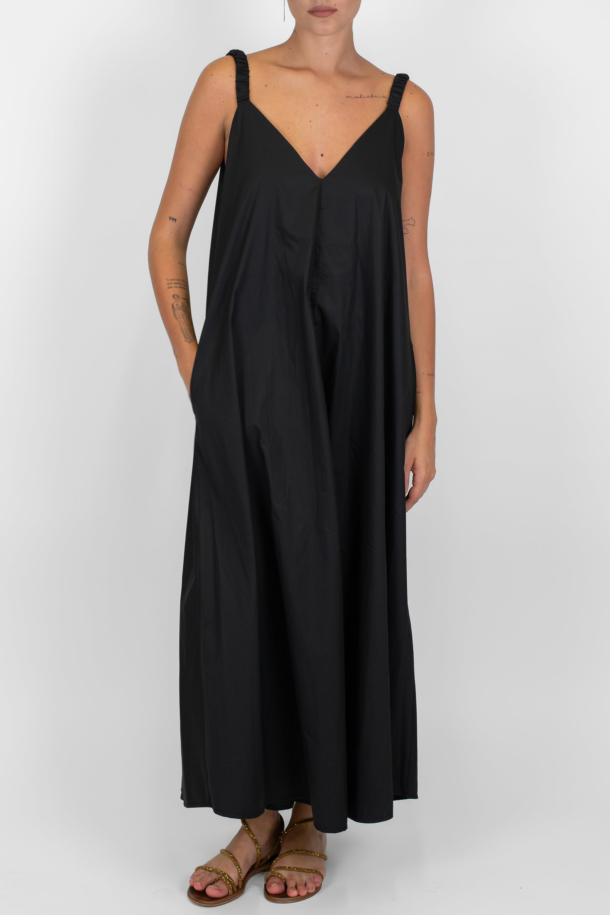 Motel - Abito lungo in cotone con spallina arricciata