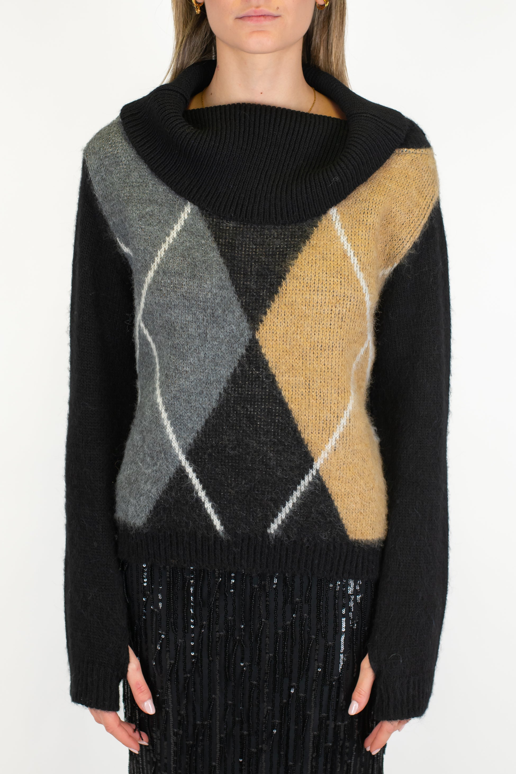 Maryley - Dolvevita con collo sciallato fantasia rombi a contrasto in misto lana