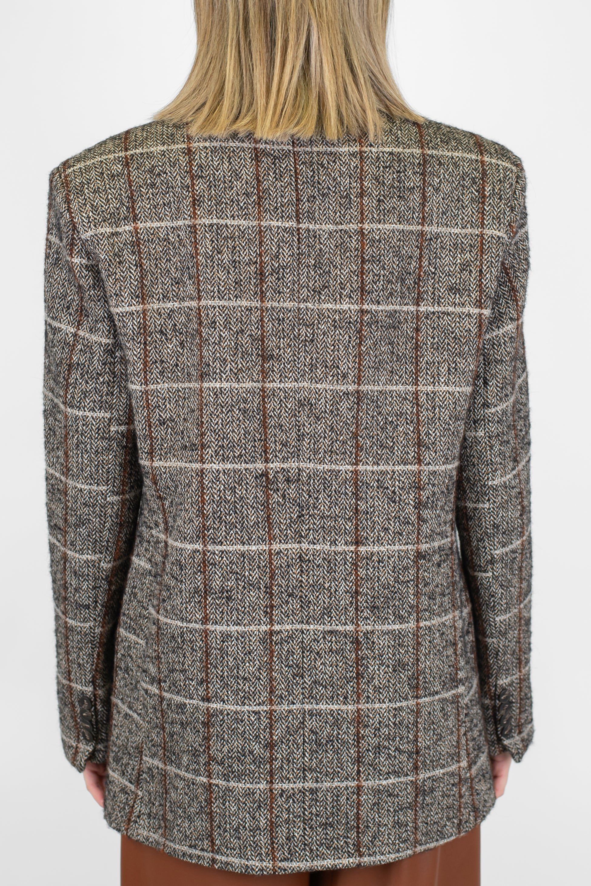 Motel - Blazer doppiopetto fantasia quadri in misto lana con spilla gioiello