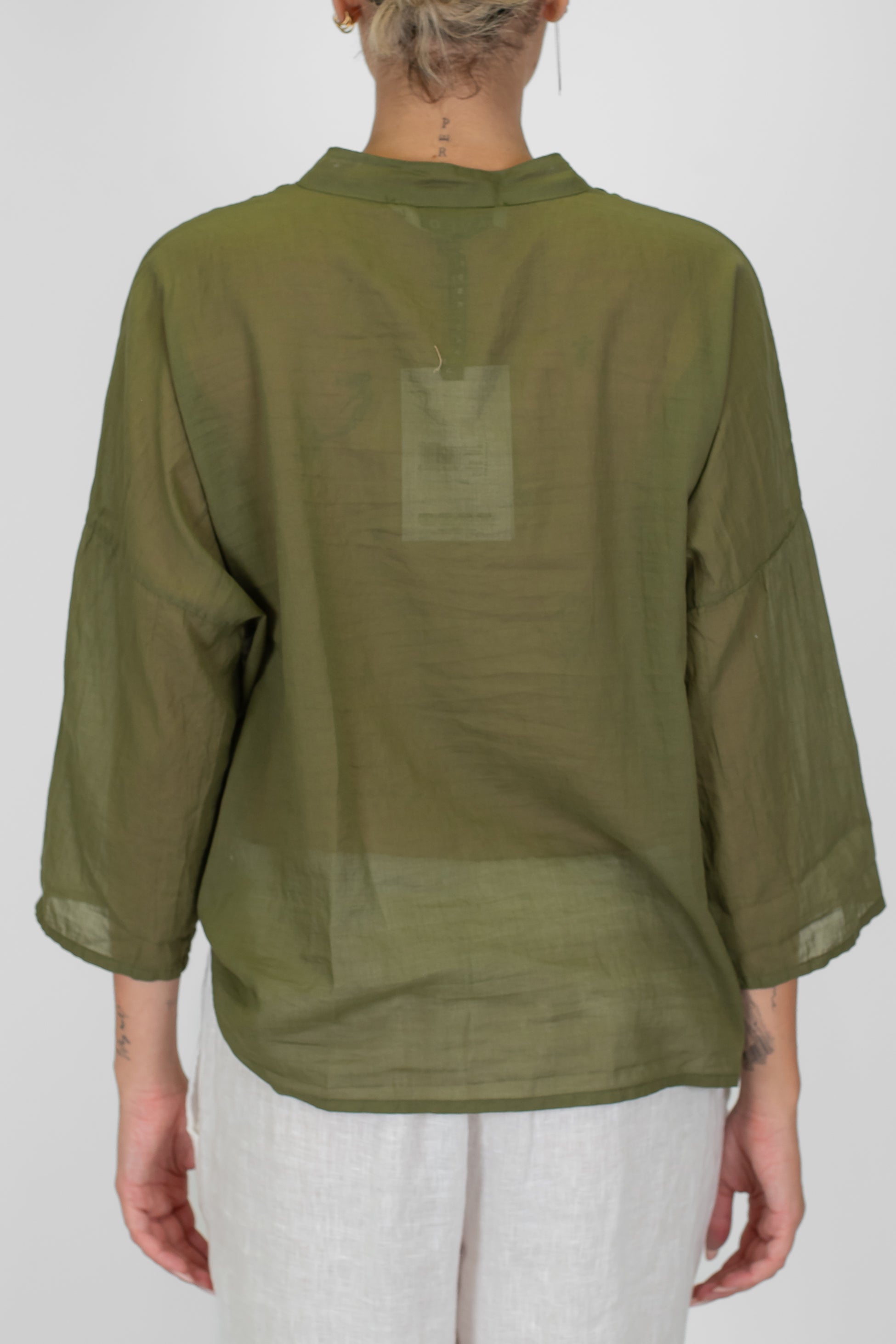 Haveone - Camicia in mussola di cotone con collo coreano e manica tre quarti