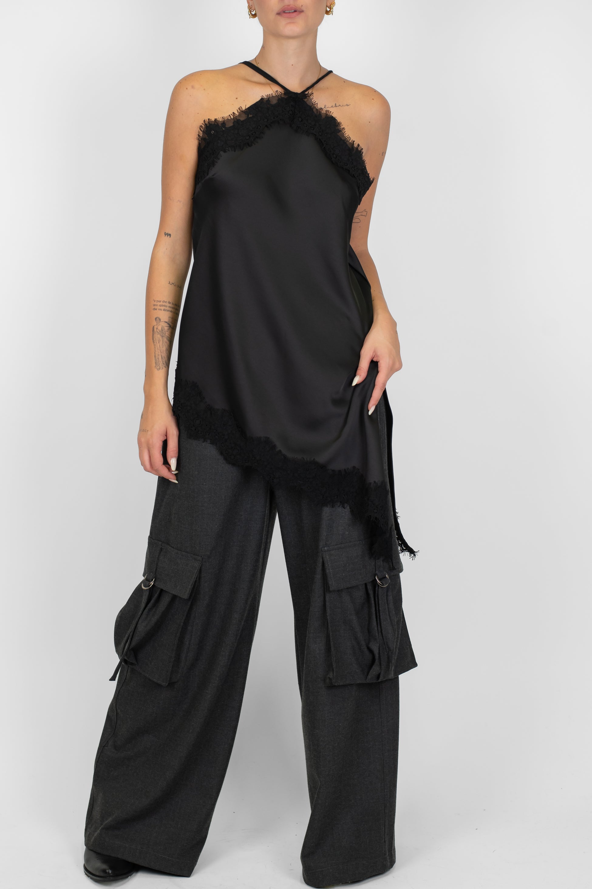 Motel - Pantalone palazzo cargo gessato con coulisse