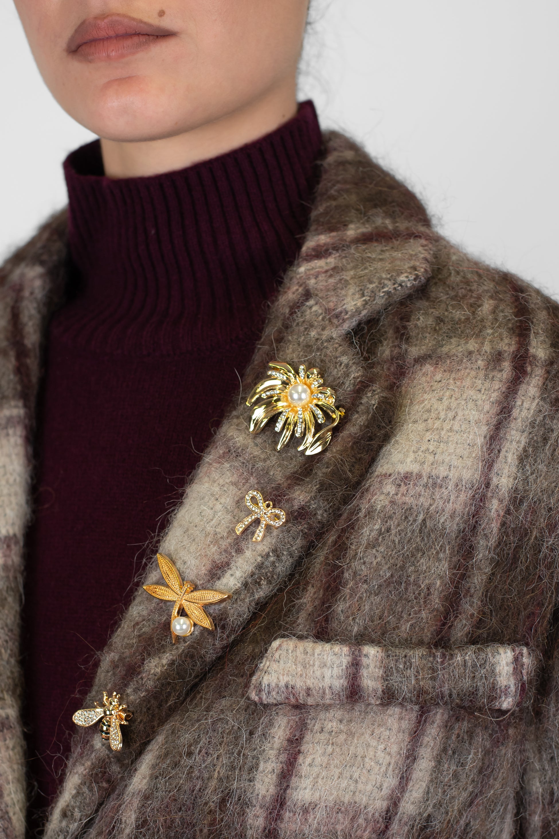 Motel - Giacca a scatola fantasia check in misto lana con spille gioiello