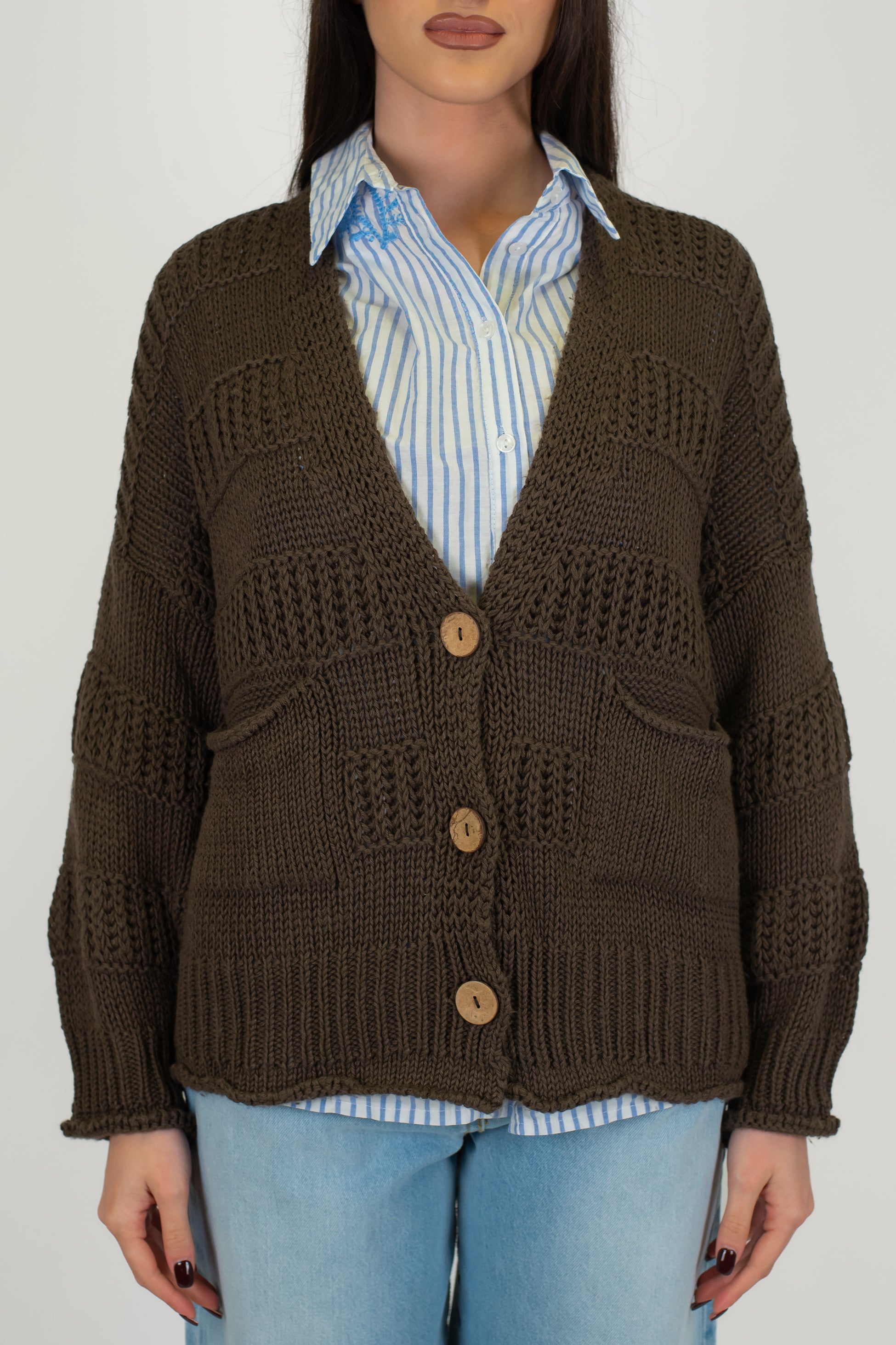 Haveone - Cardigan tre bottoni in filato leggero con bande in rilievo