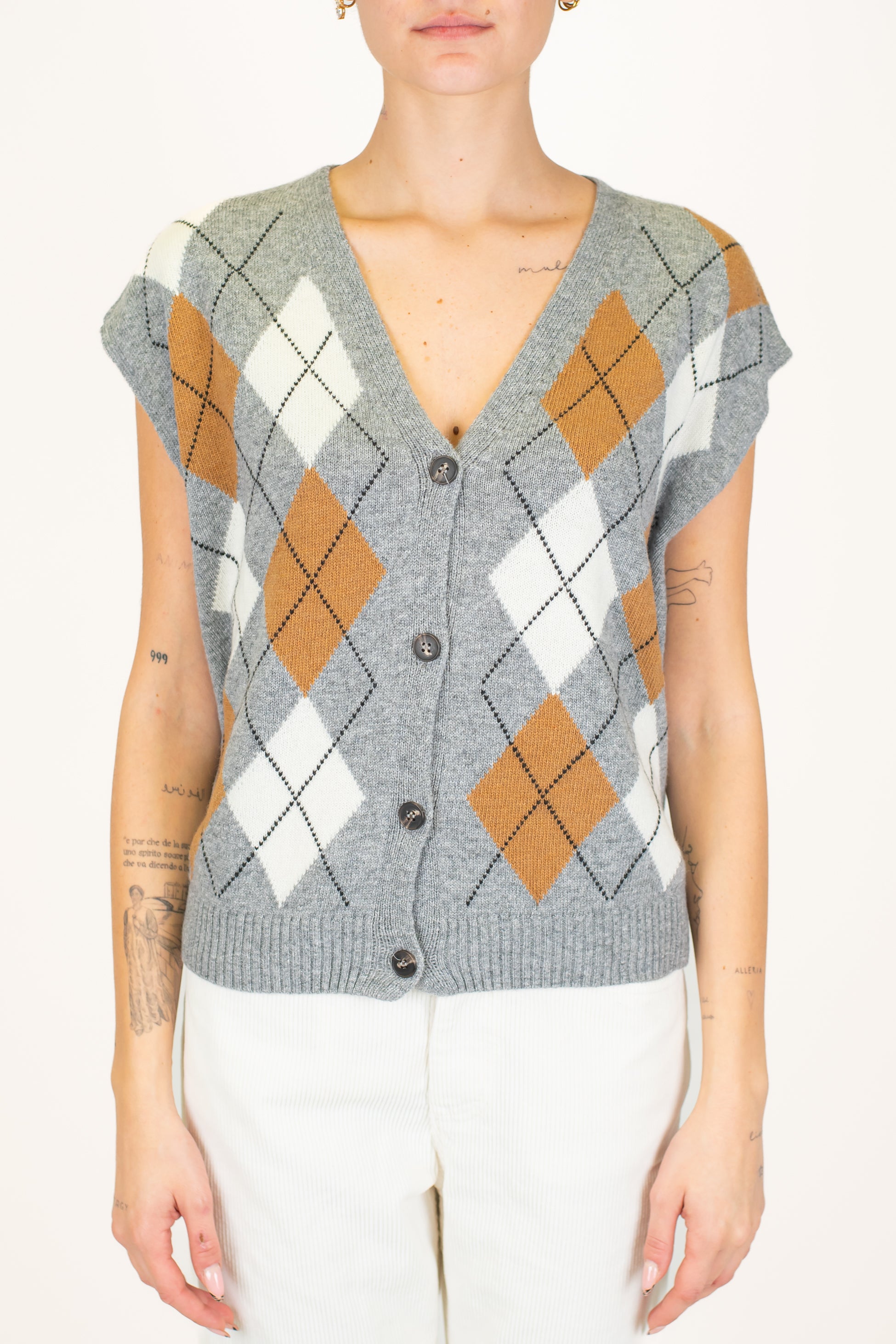 Tensione in - Gilet in maglia fantasia rombi a contrasto