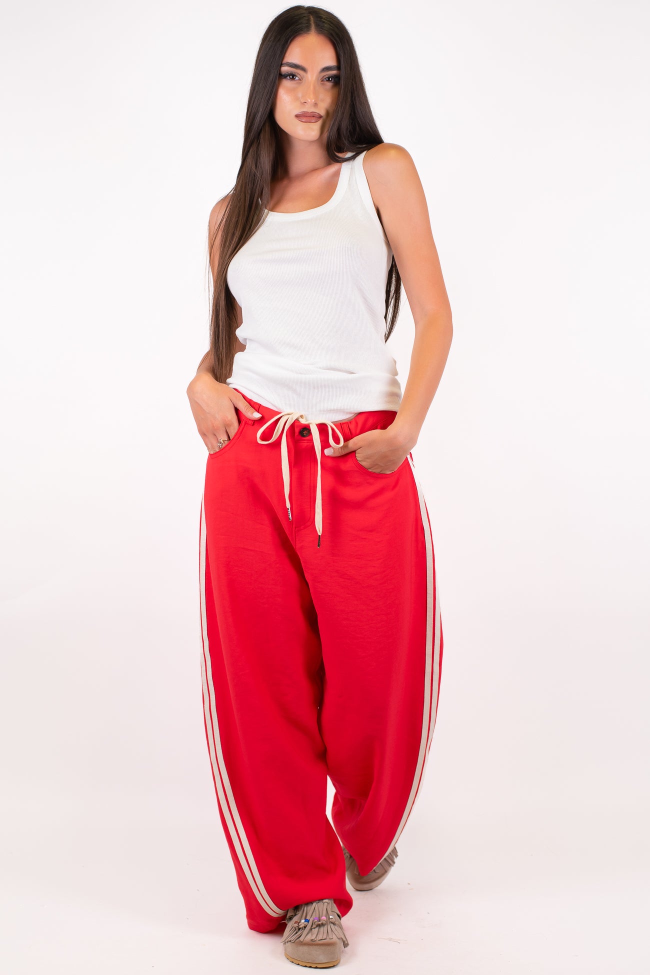 Maryley - Pantalone palazzo in viscosa leggera con coulisse e bande laterali a contrasto