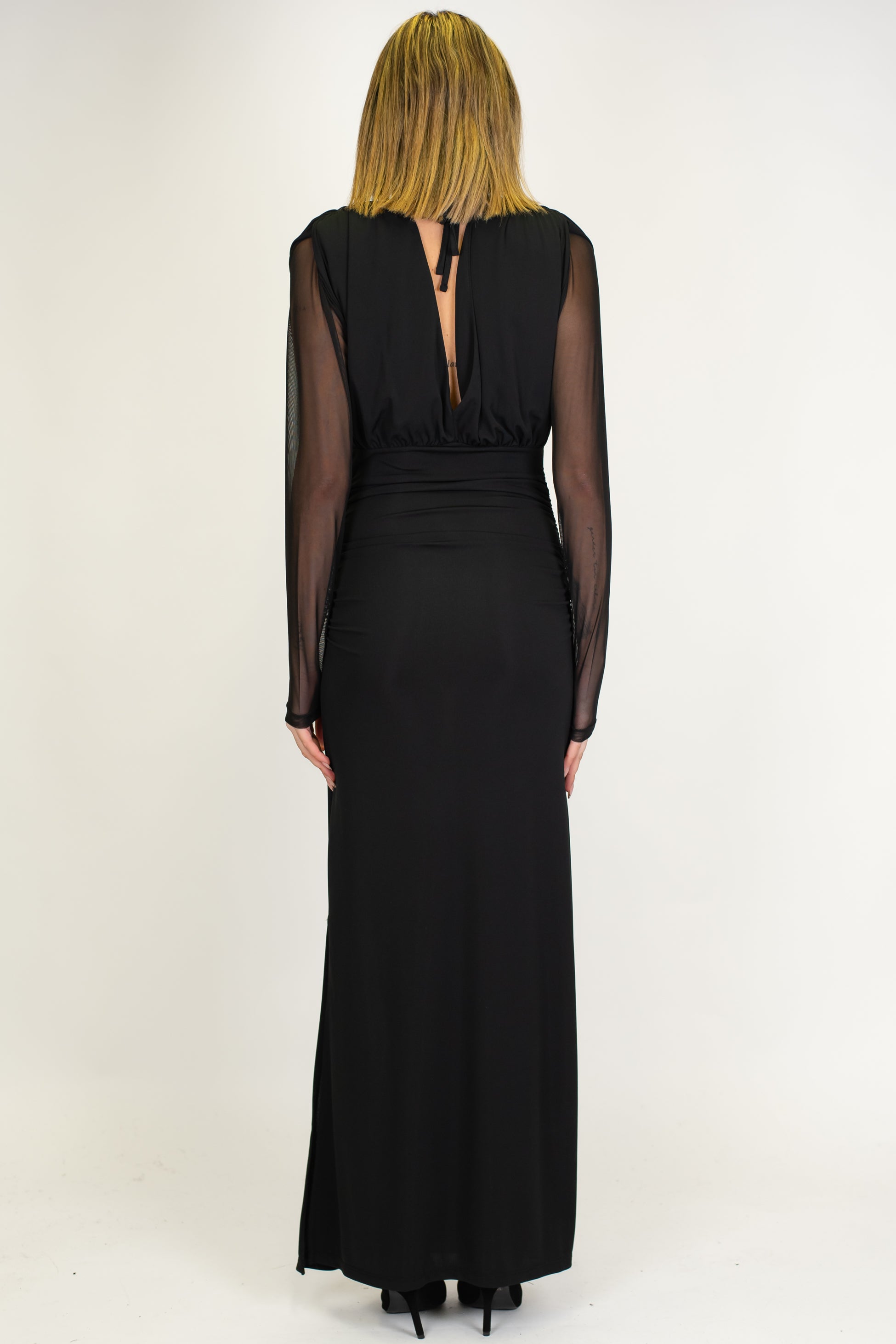 Haveone - Abito lungo scollo a V con maniche in trasparenza e allaccio sul retro