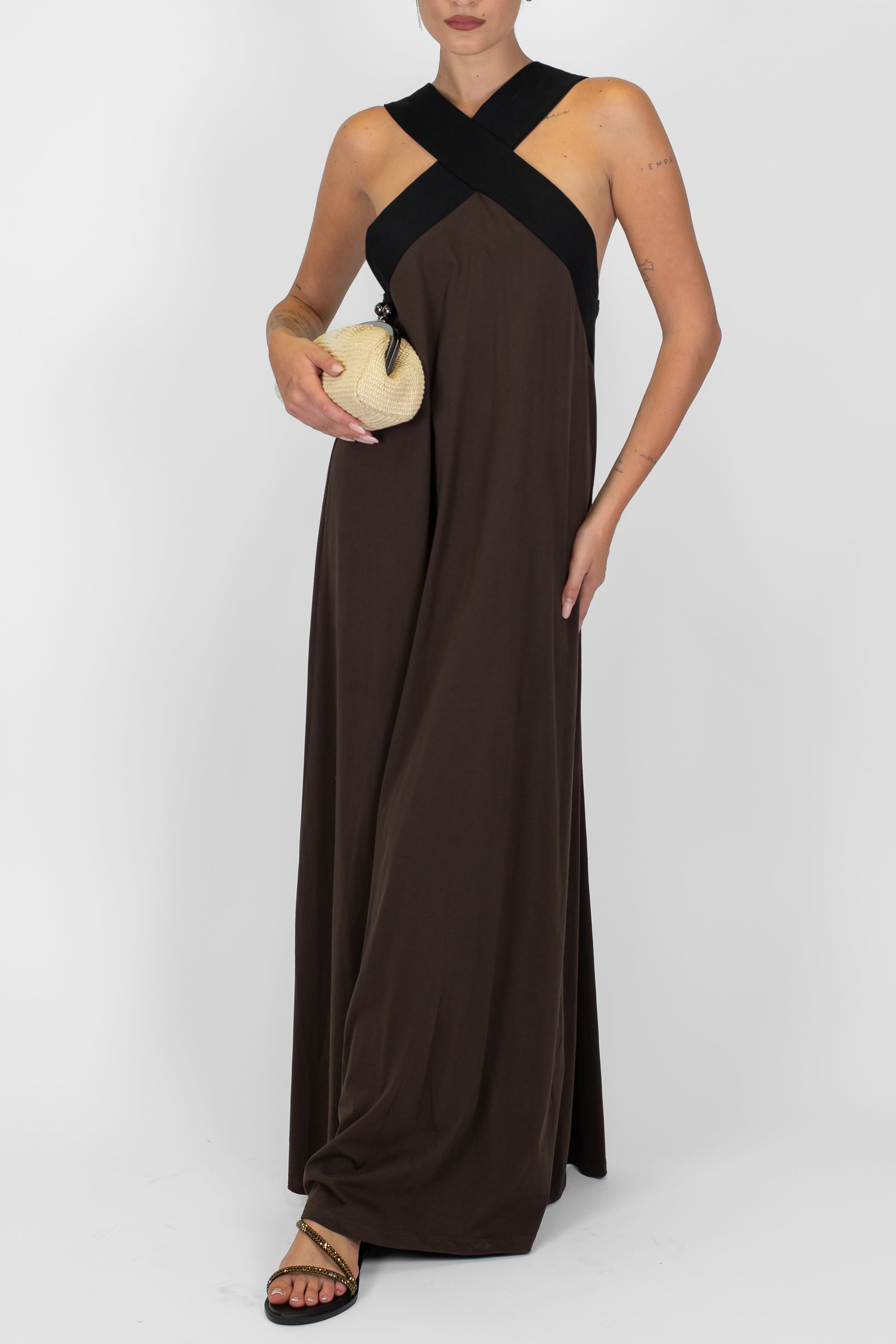 Tensione in - Abito in cotone scollo incrociato bicolore