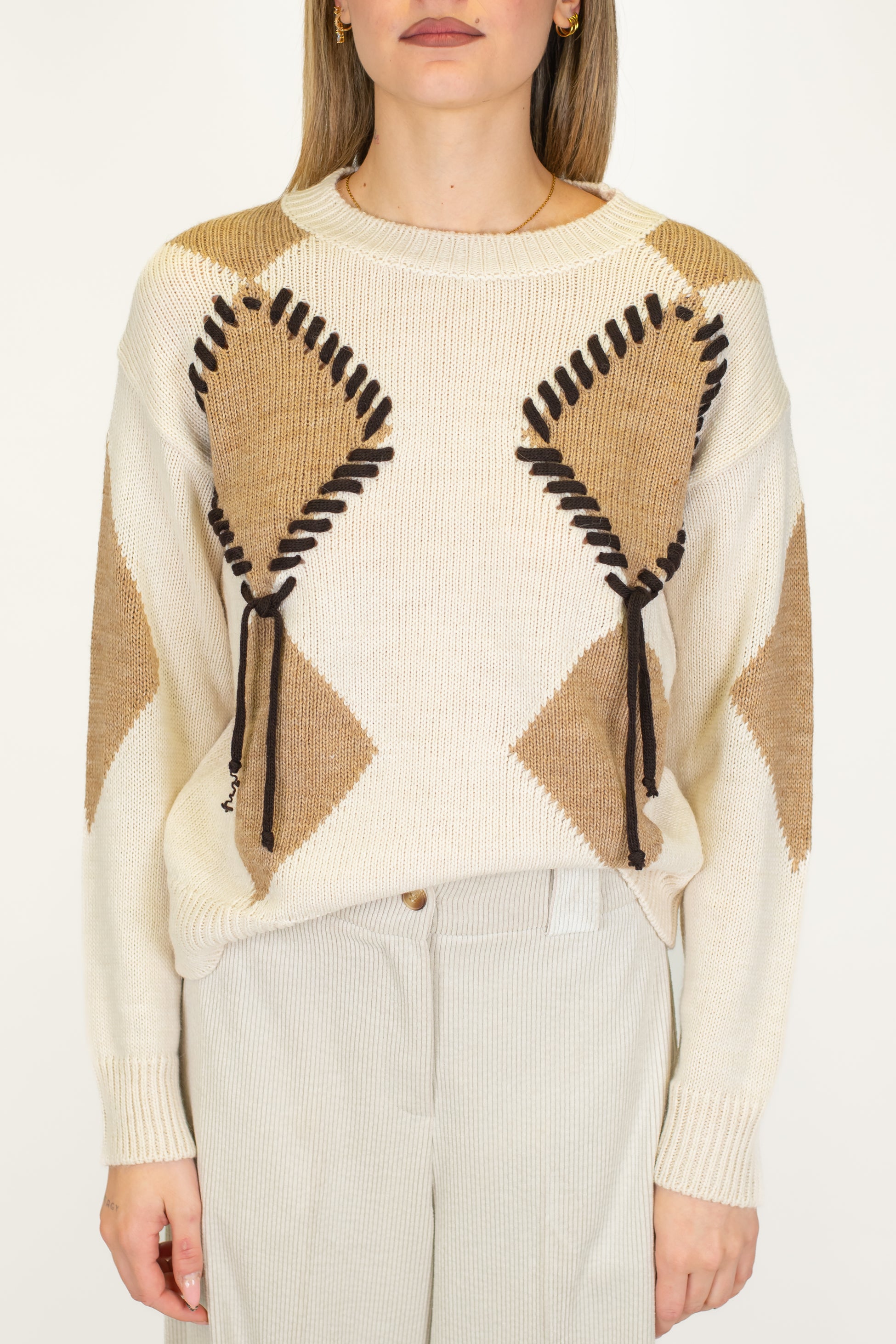 Motel - Maglia fantasia rombi con dettagli ricamati a contrasto in misto lana