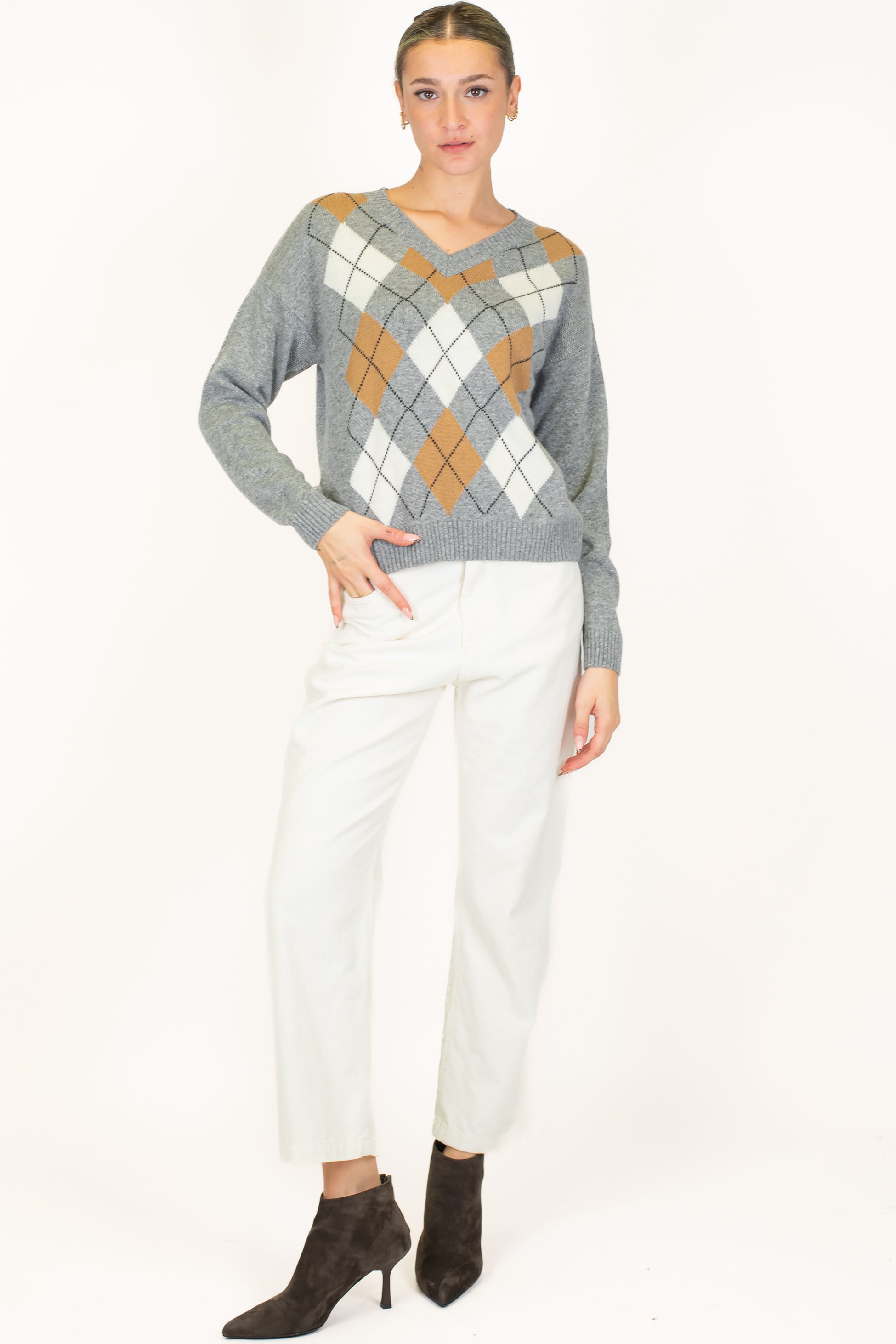 Tensione in - Maglia scollo V fantasia rombi a contrasto in misto lana e cashmere