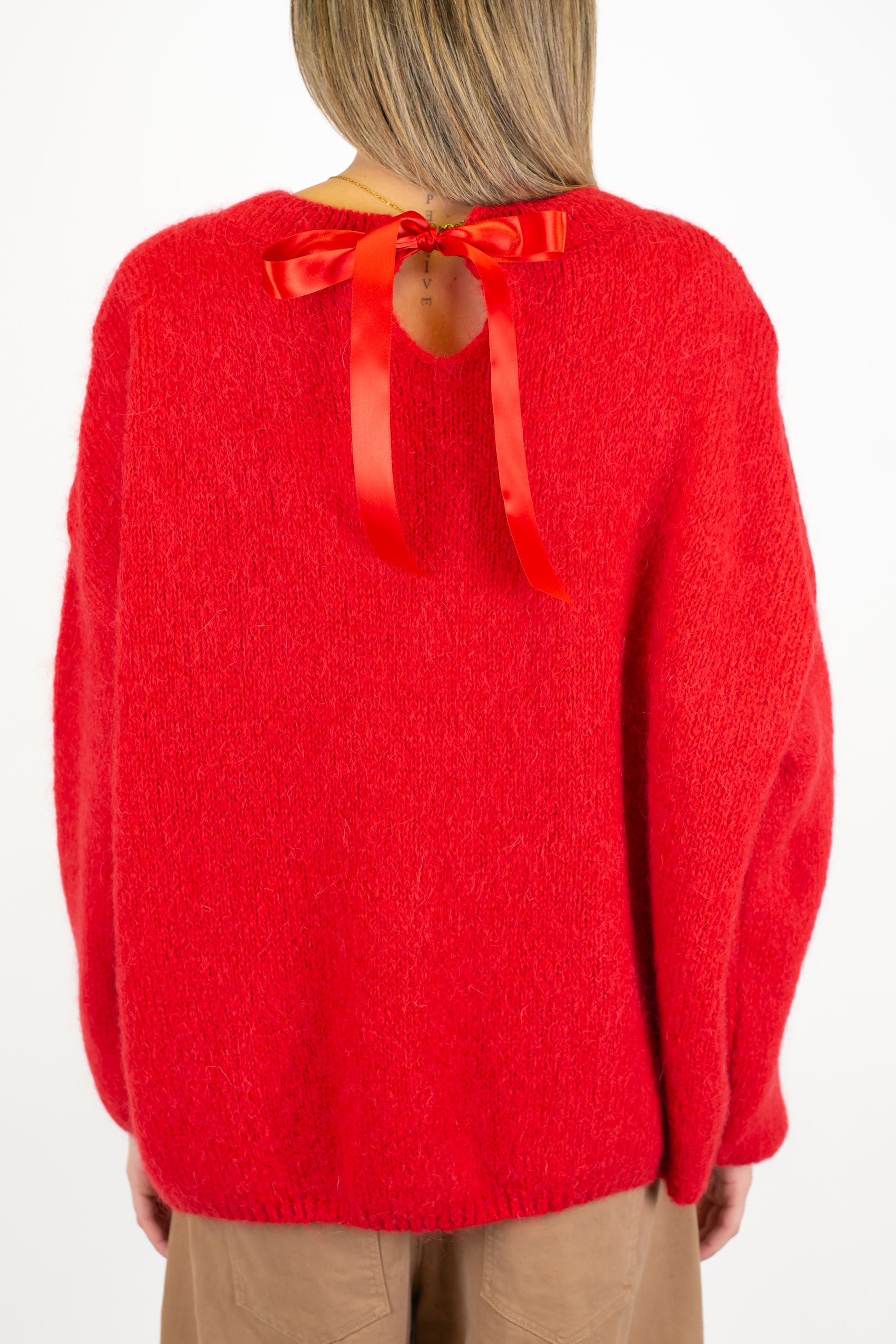 Dixie - Maglia girocollo in lana mohair con taschino e chiusura con fiocco sul retro