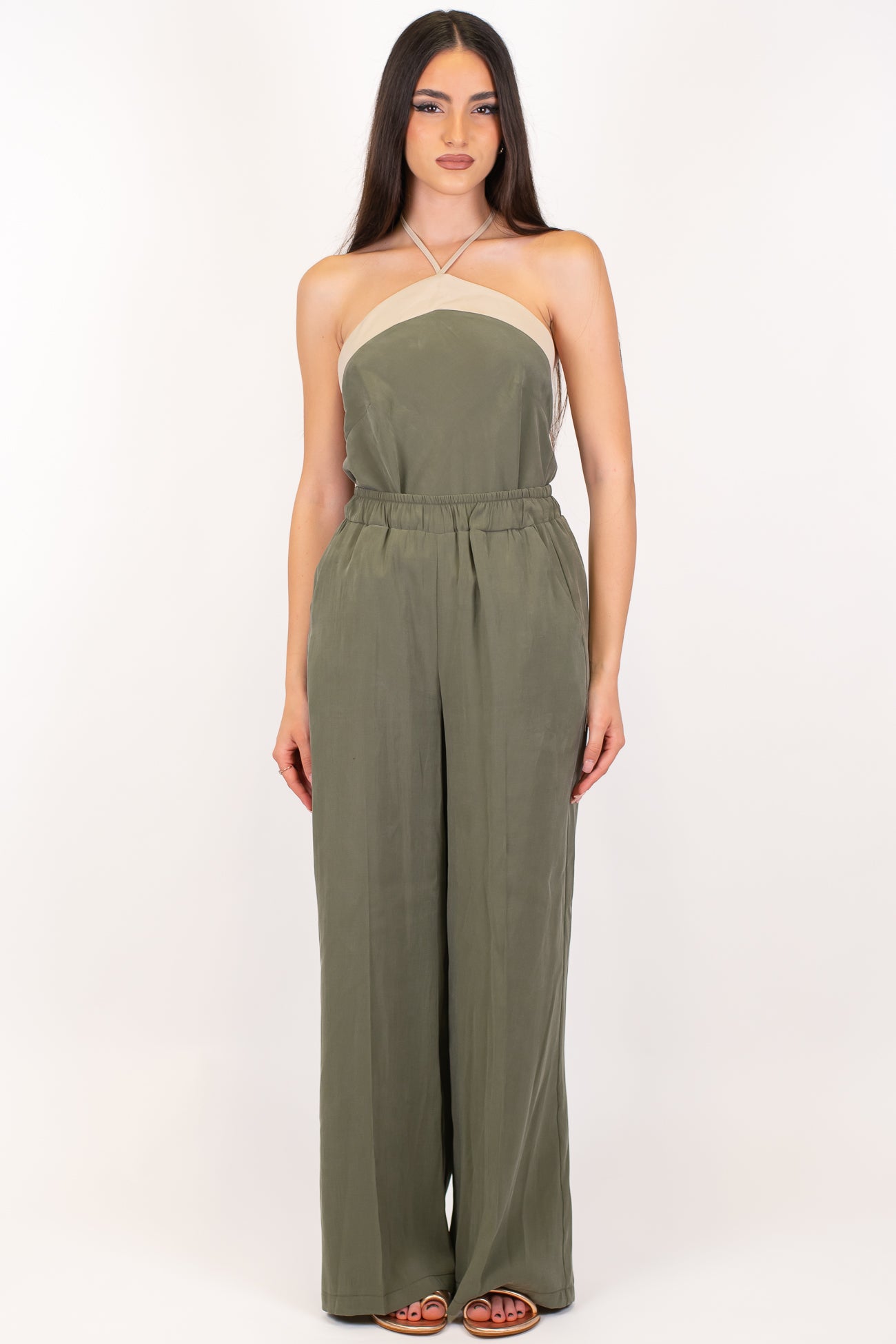 Maryley - Coordinato top scollo americano con profilo a contrasto e pantalone palazzo con elastico in vita