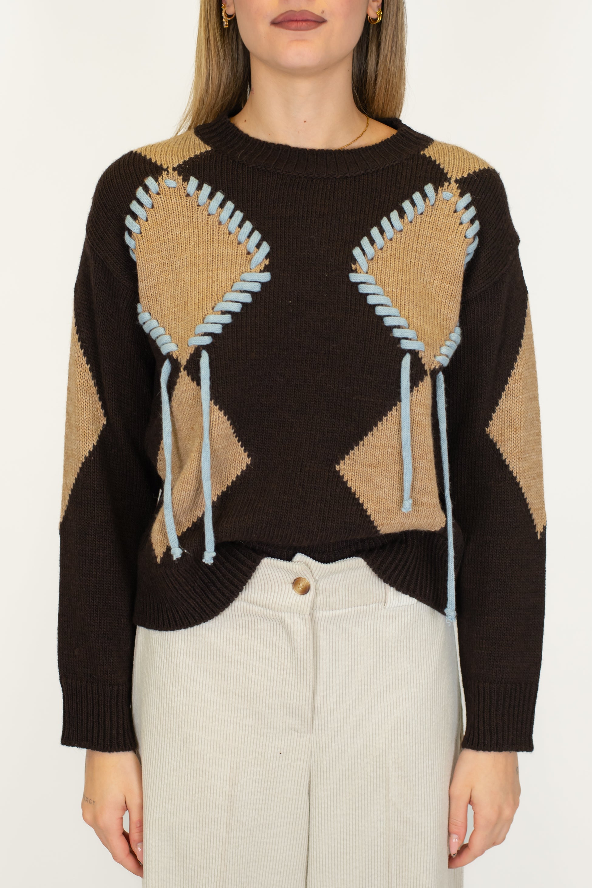 Motel - Maglia fantasia rombi con dettagli ricamati a contrasto in misto lana
