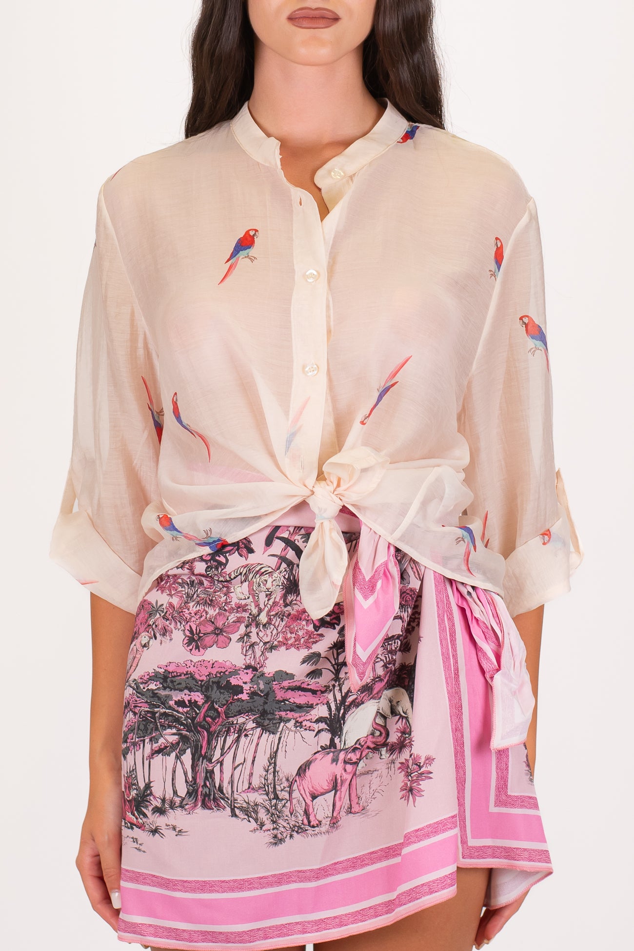 Haveone - Camicia fantasia pappagallini in lyocell con collo coreano e manica tre quarti