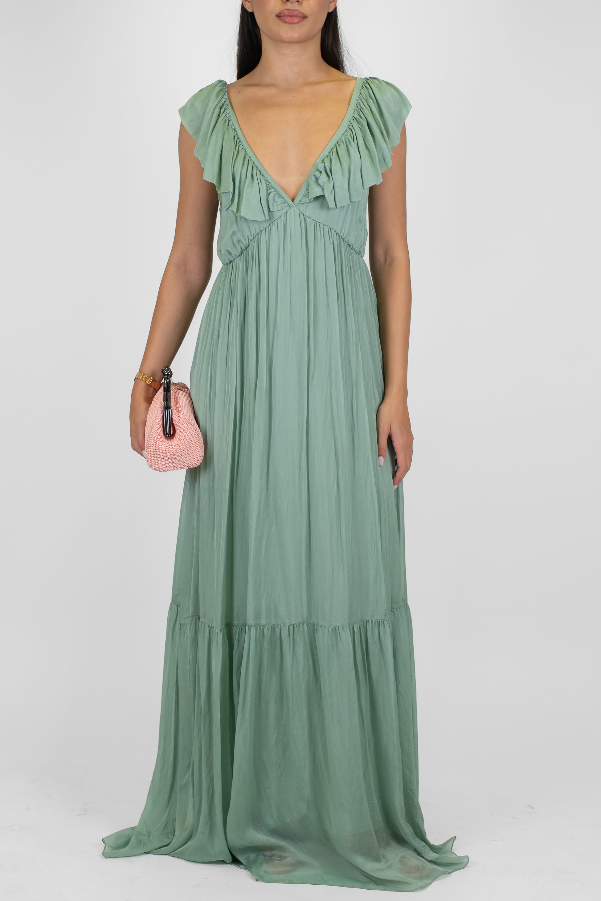 Dixie - Abito lungo in misto seta con scollo a V e rouches