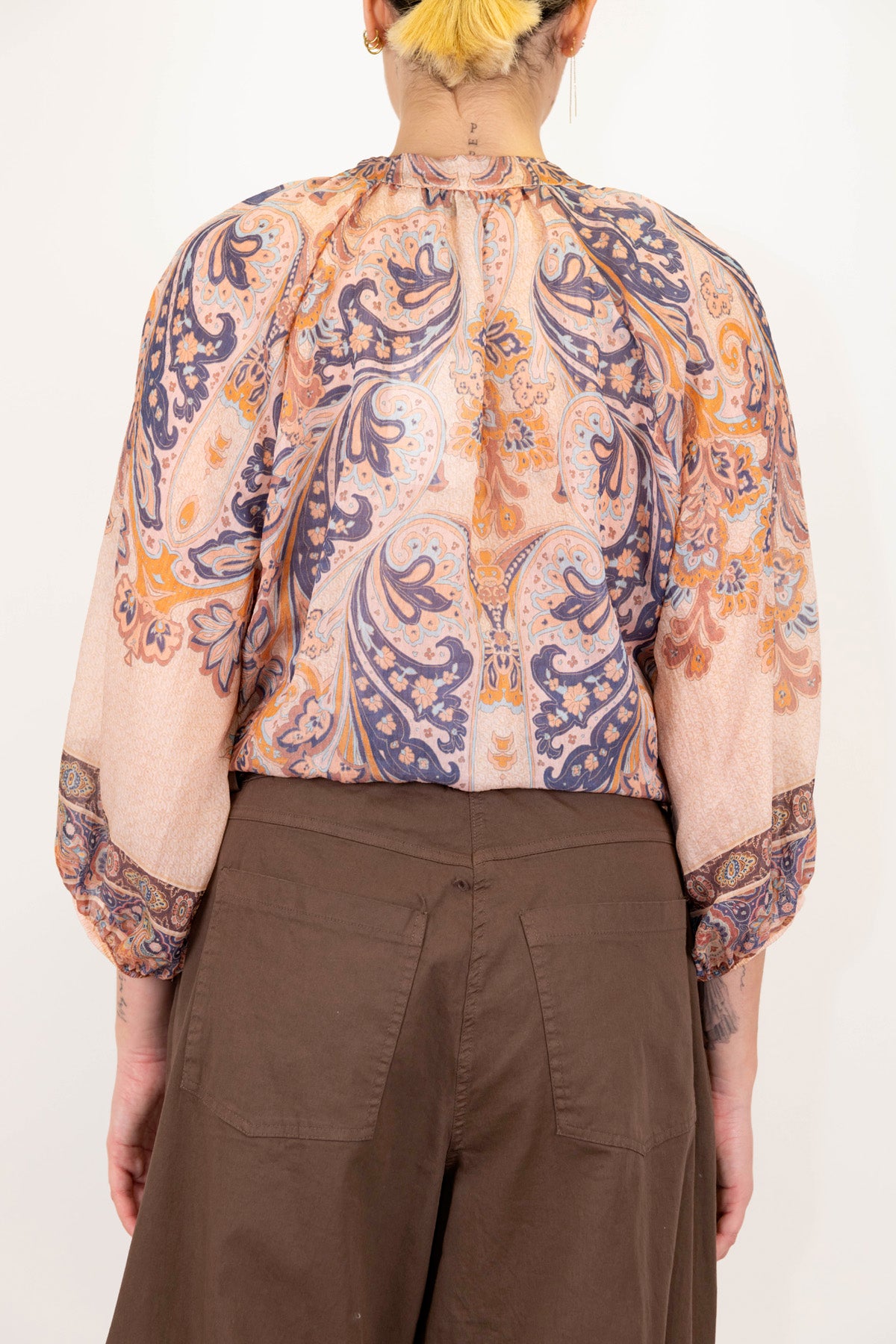 Motel - Camicia fantasia astratta in lyocell con manica tre quarti e nodo sul fondo