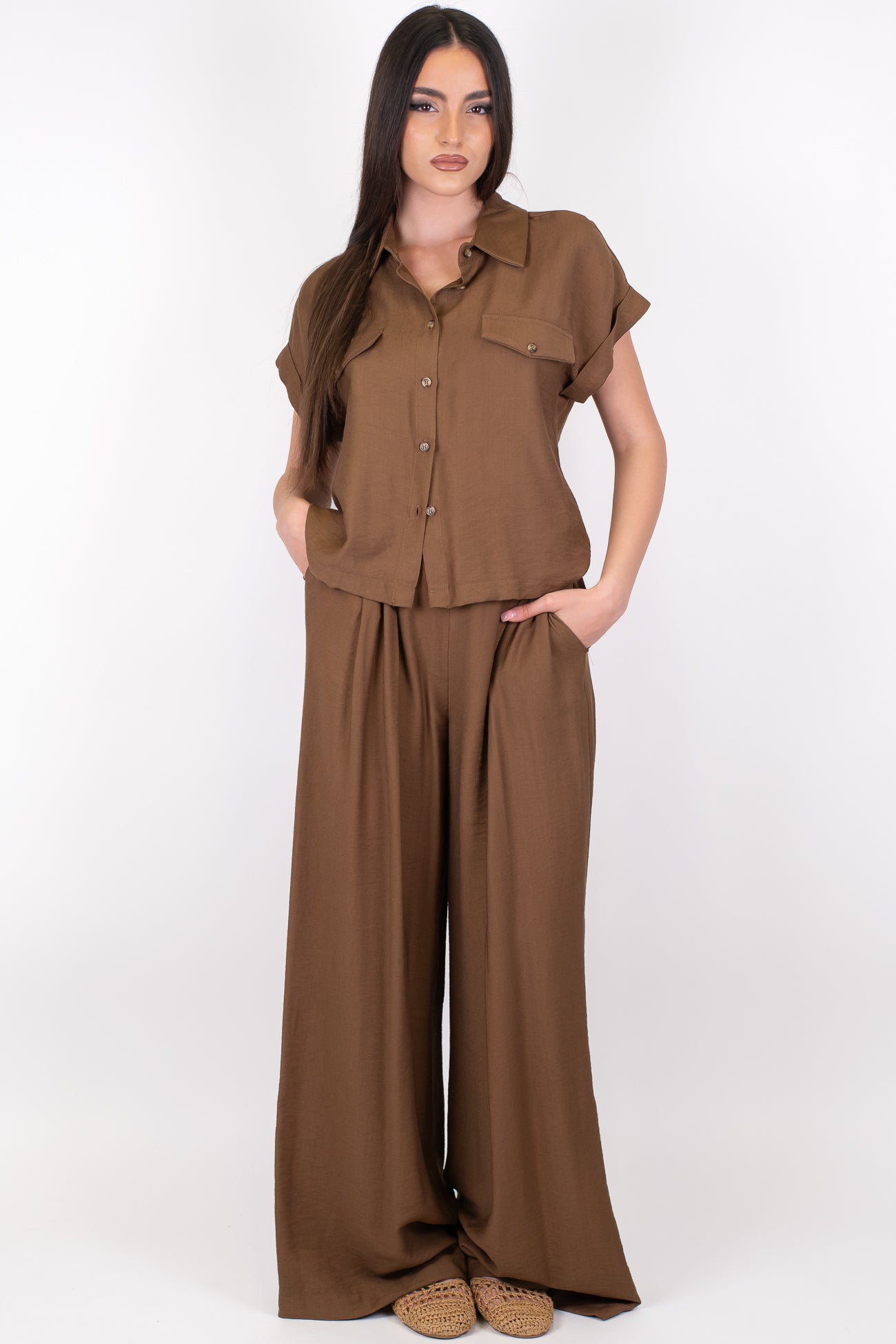Dixie - Coordinato camicia mezzamanica e pantalone palazzo con elastico sul retro in viscosa leggera