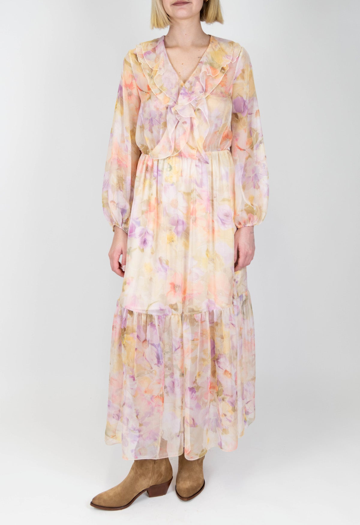 Tensione in - Abito lungo scollo a V fantasia floreale con rouches e balze