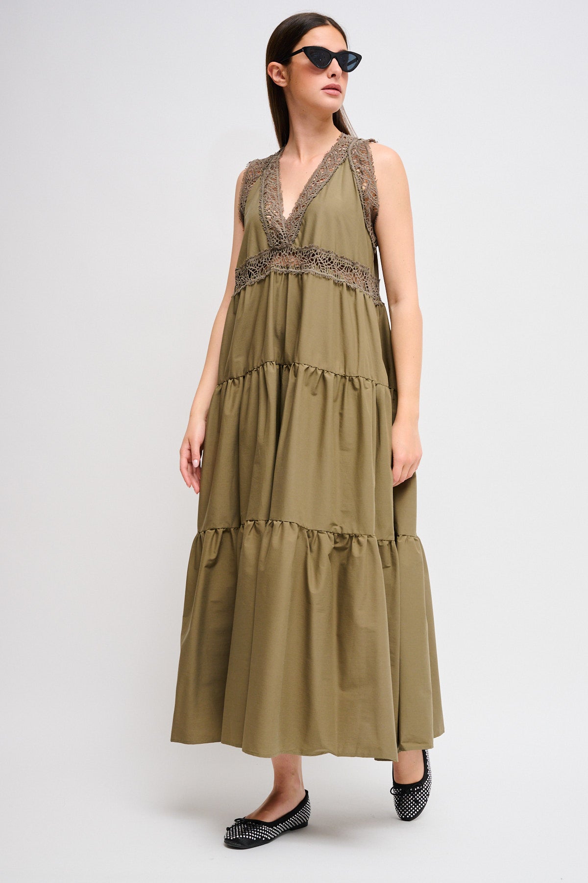 Maryley - Abito lungo con balze e profili in crochet