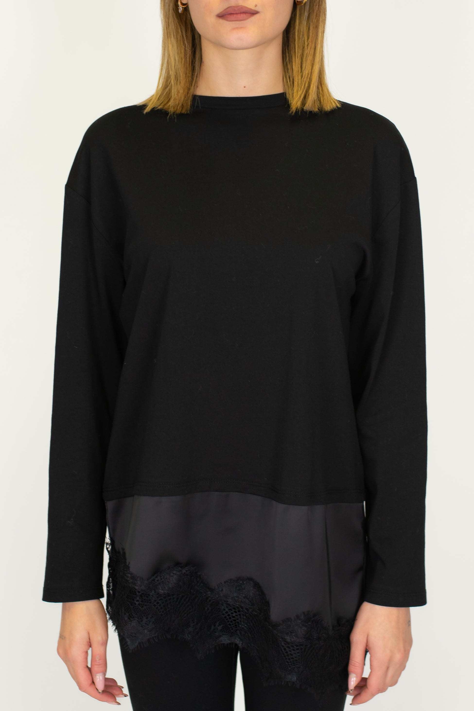 Tensione in - Shirt manica lunga con fondo in raso e pizzo