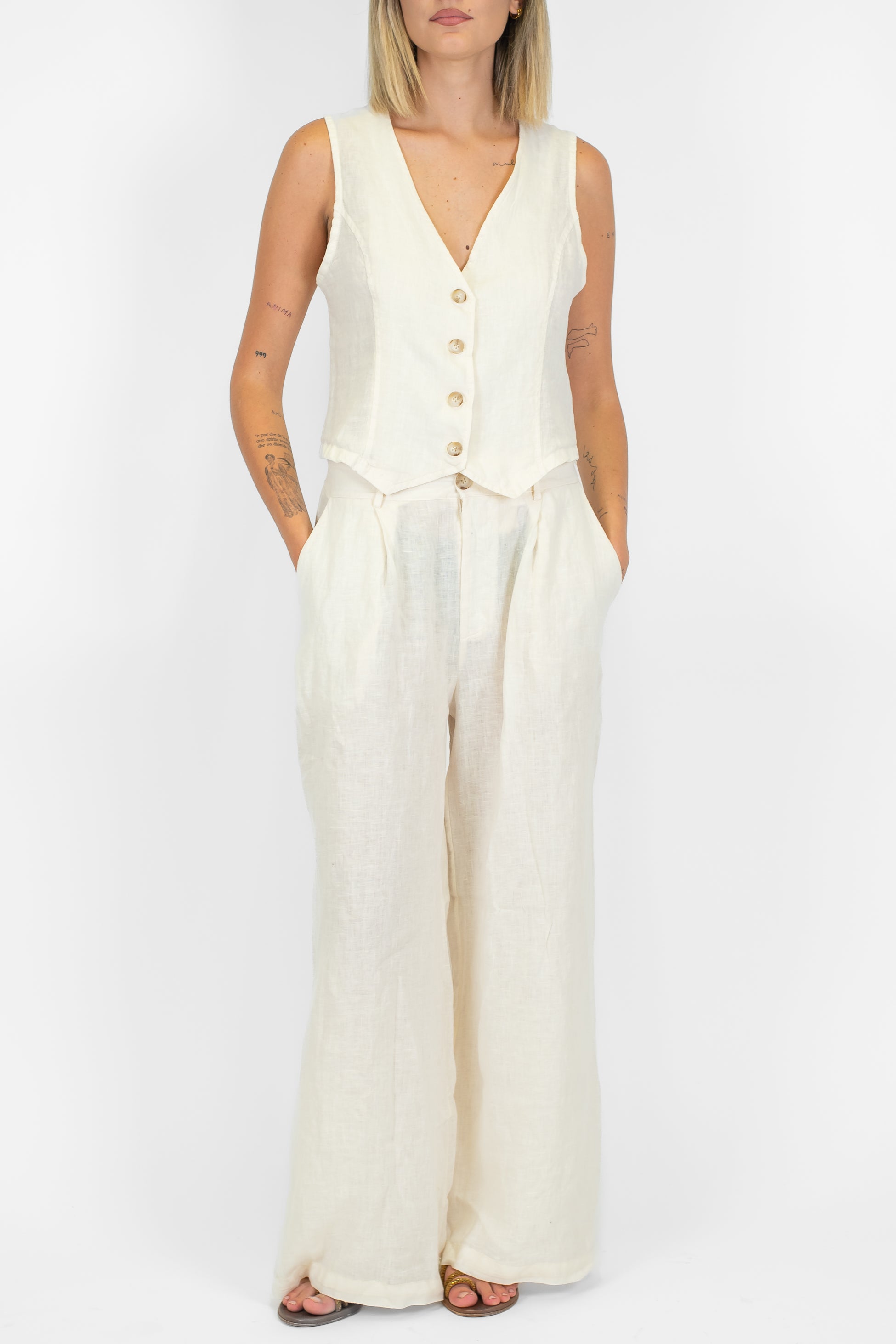 Haveone - Pantalone palazzo in puro lino con pinces ed elastico sul retro