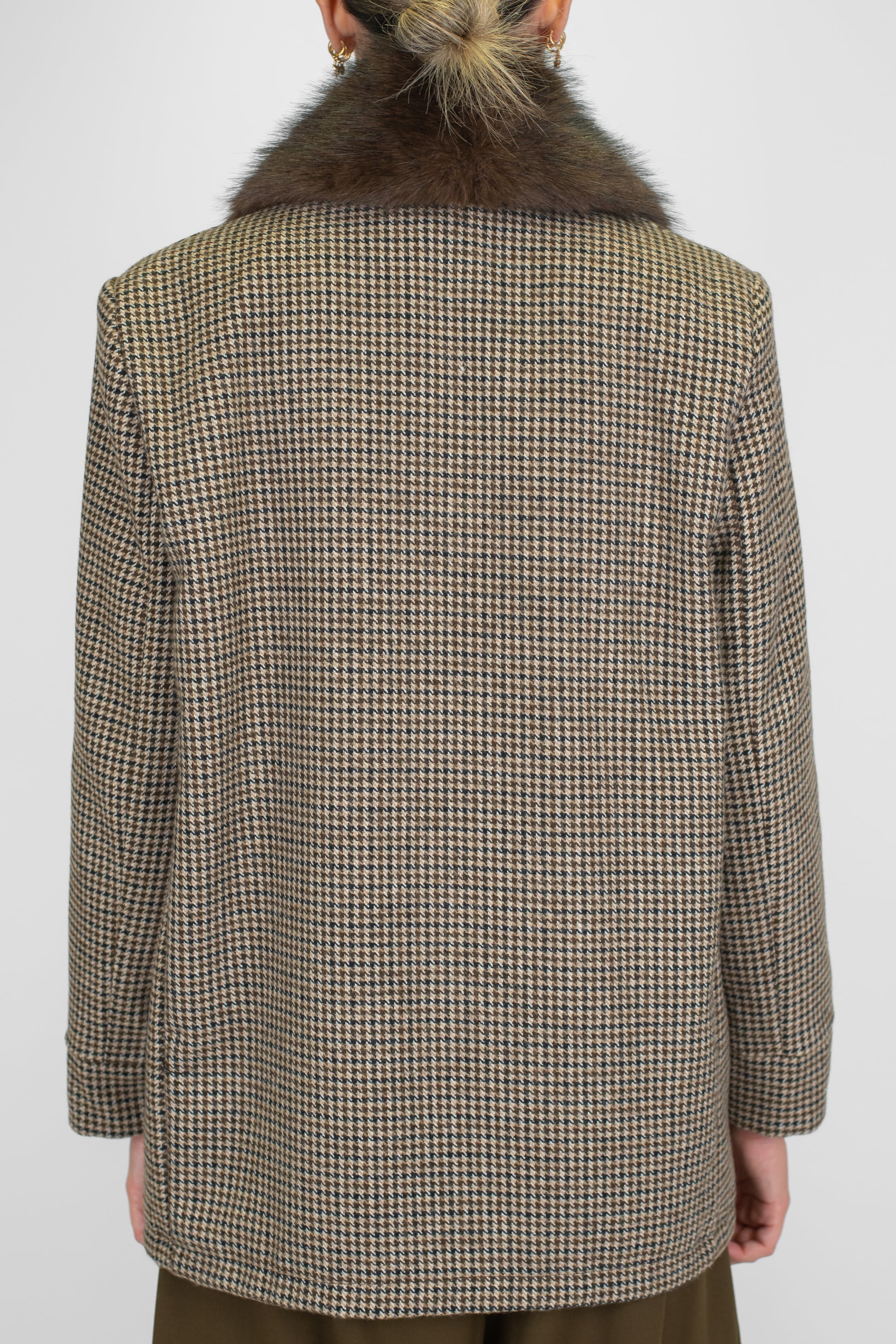 Motel - Giacca aperta fantasia pied de poule in misto lana con collo e profilo in ecopelliccia