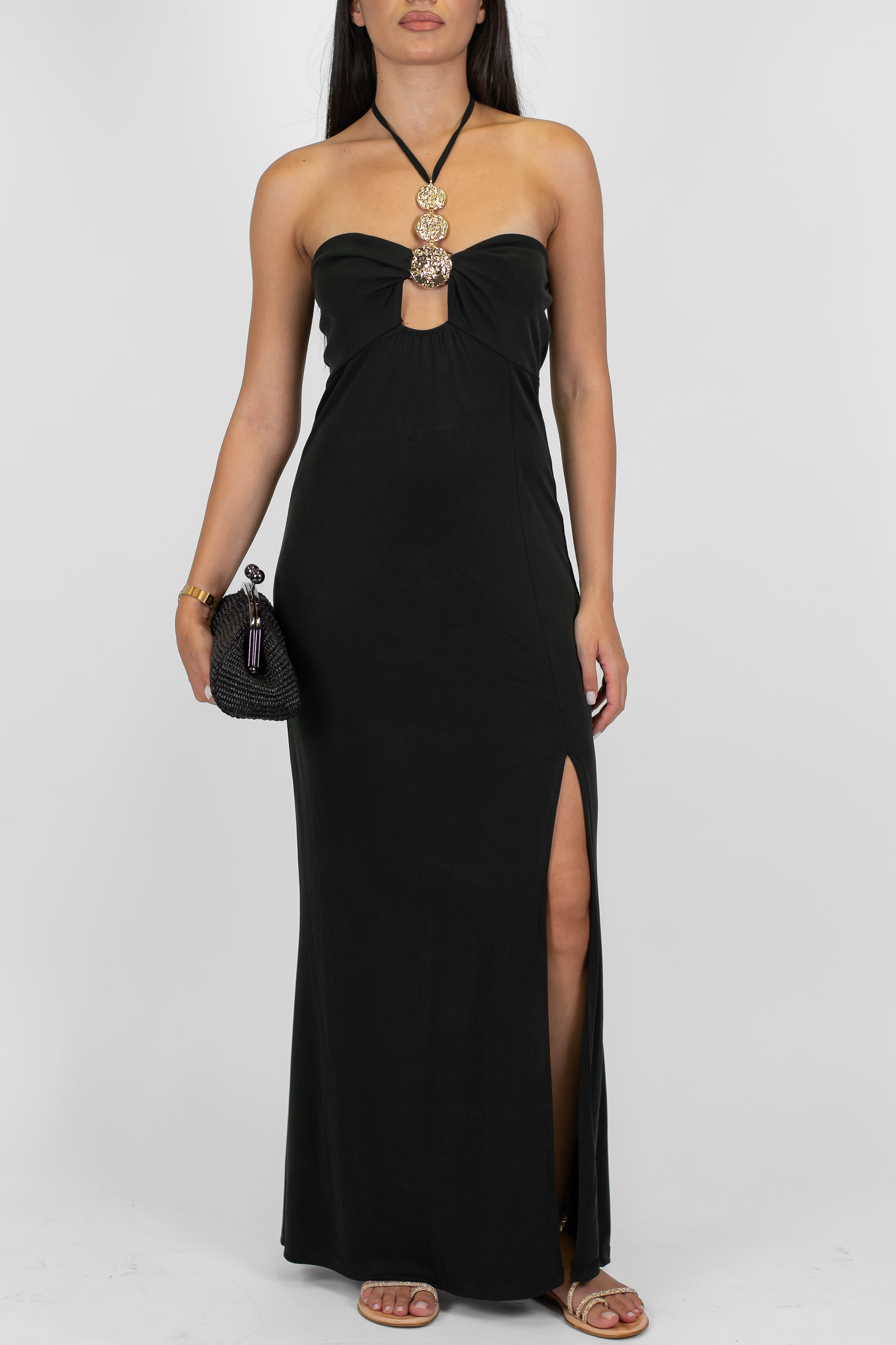 Haveone - Abito lungo con accessorio al collo e spacco