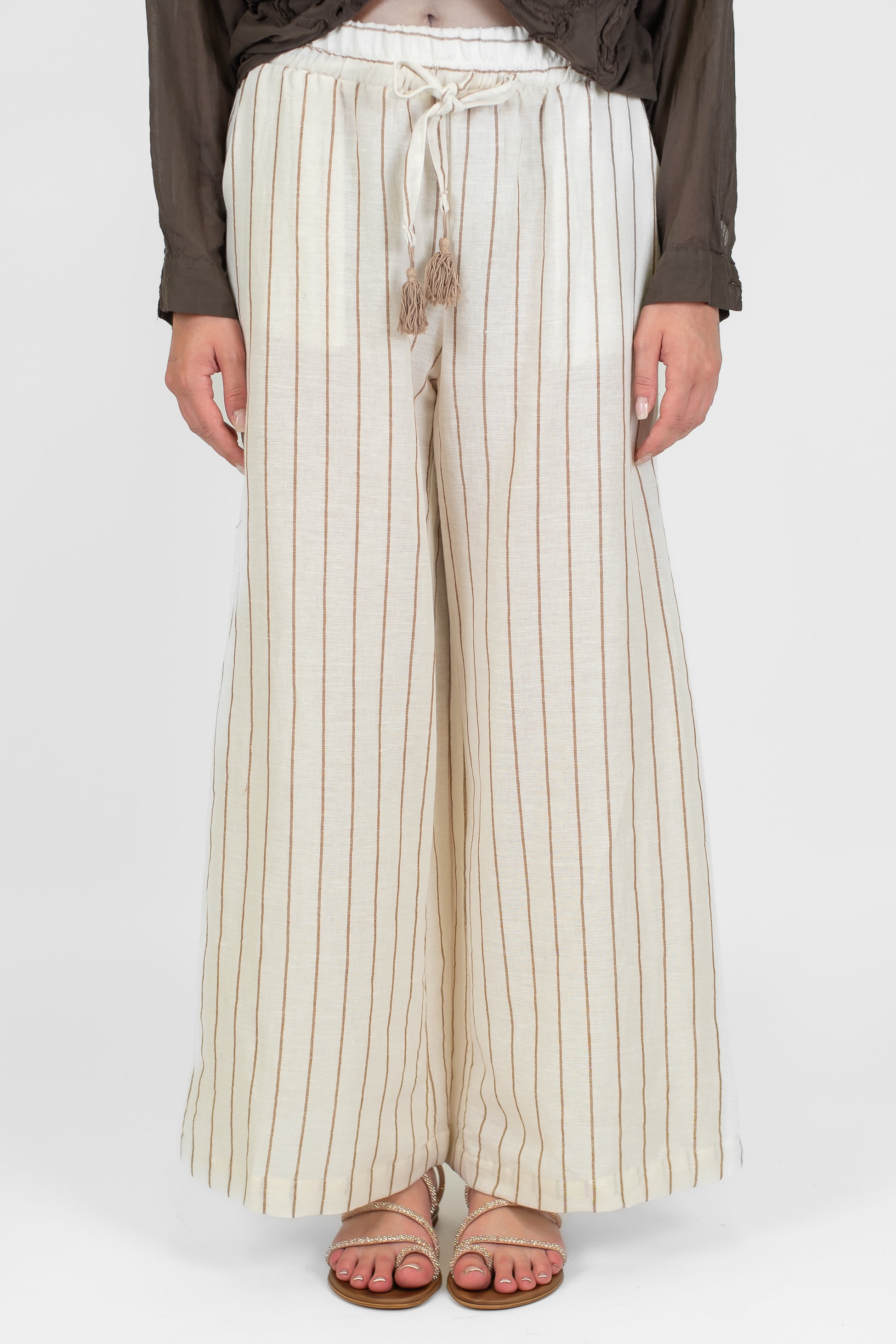 Motel - Pantalone palazzo gessato in misto lino con coulisse