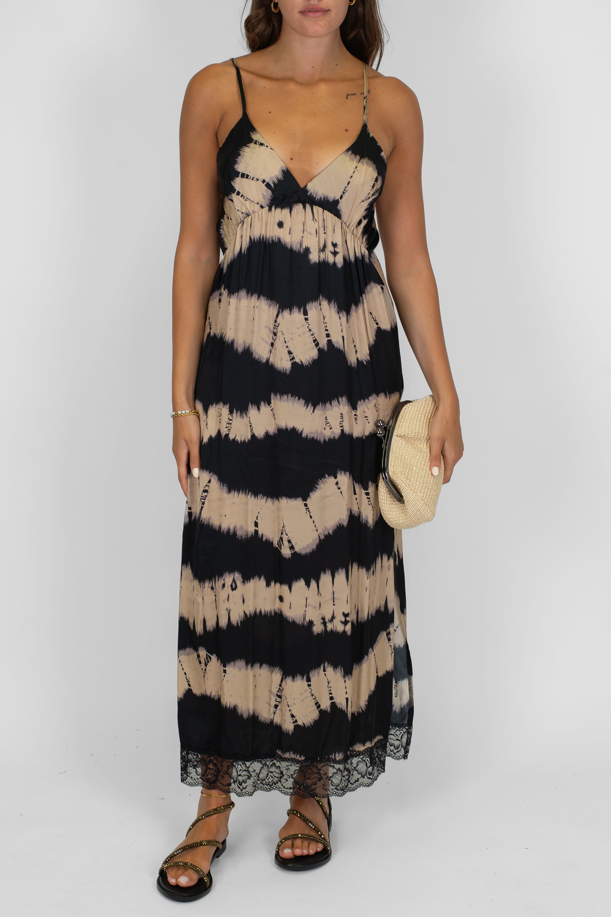 Dixie - Abito lungo con bretelline fantasia astratta in viscosa con pizzo sul fondo