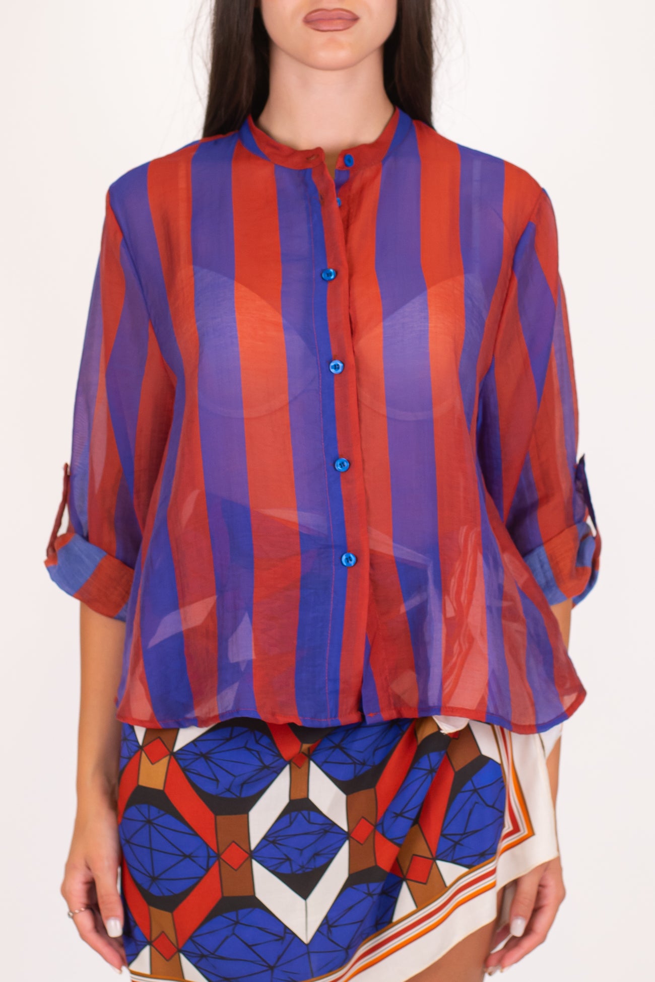 Haveone - Camicia fantasia a righe a contrasto in lyocell con manica tre quarti