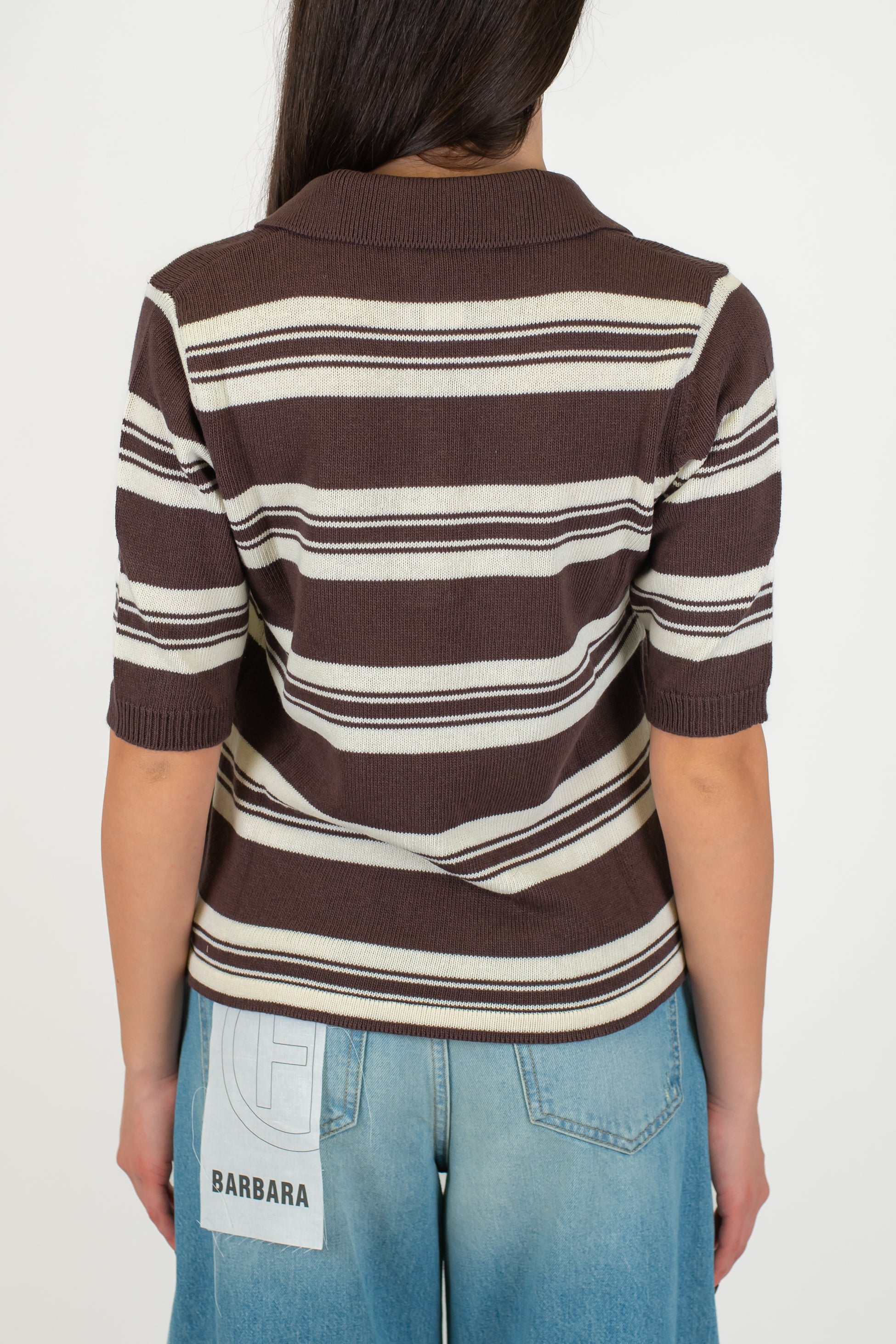 Maryley - Polo in maglia fantasia a righe con scollo a V