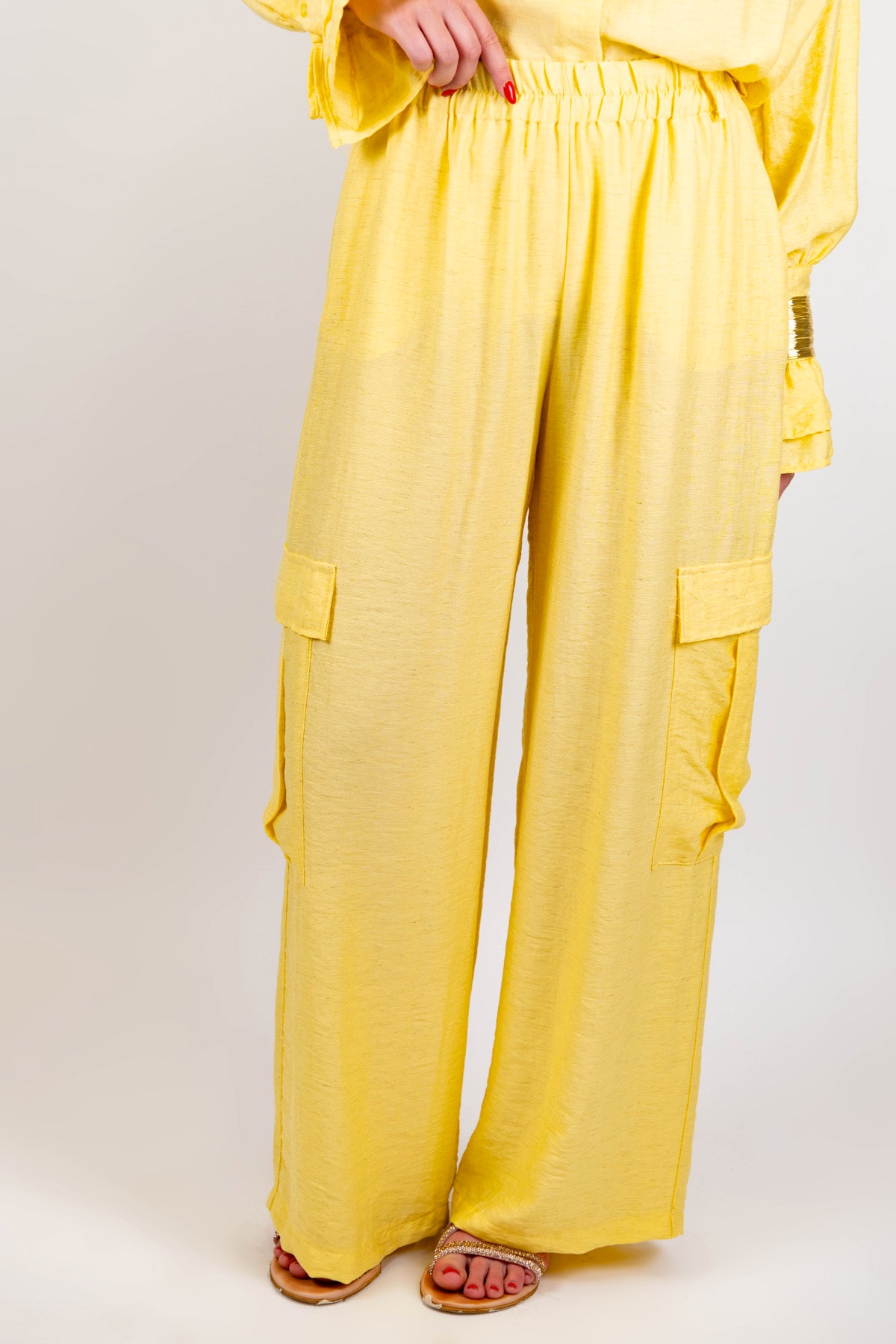 Haveone - Pantalone cargo palazzo in misto lino con elastico in vita