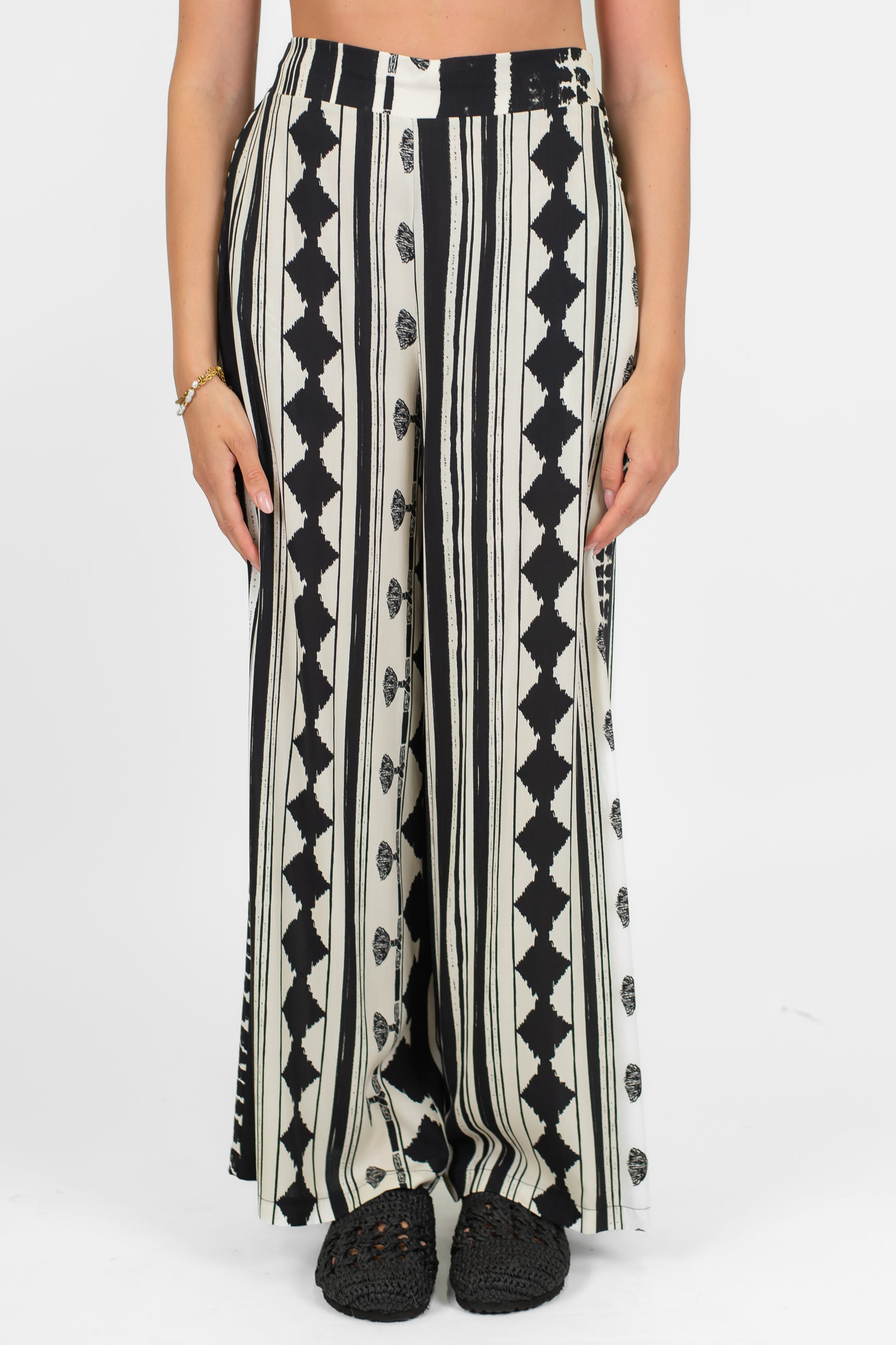 Haveone - Pantalone palazzo fantasia astratta in viscosa con elastico in vita