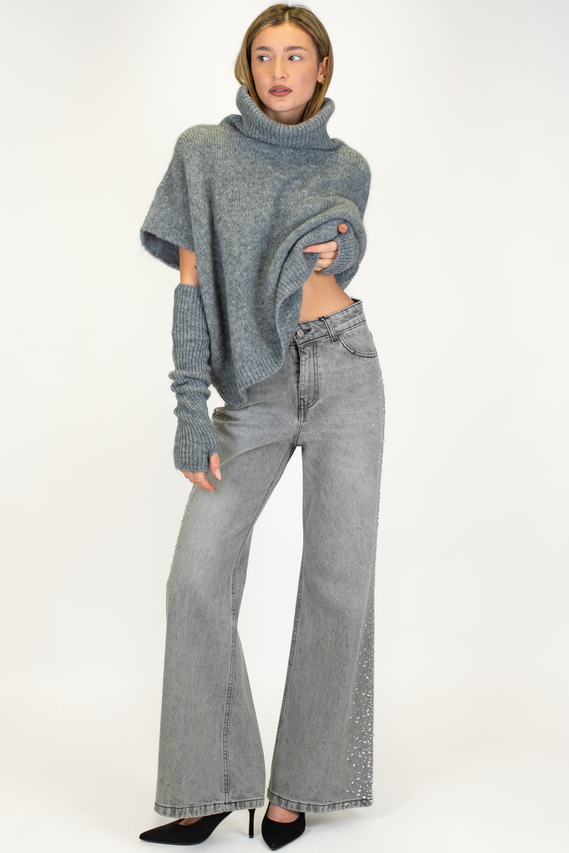 Haveone - Jeans a zampa lavaggio scuro modello Tokyo con applicazione strass sul lato