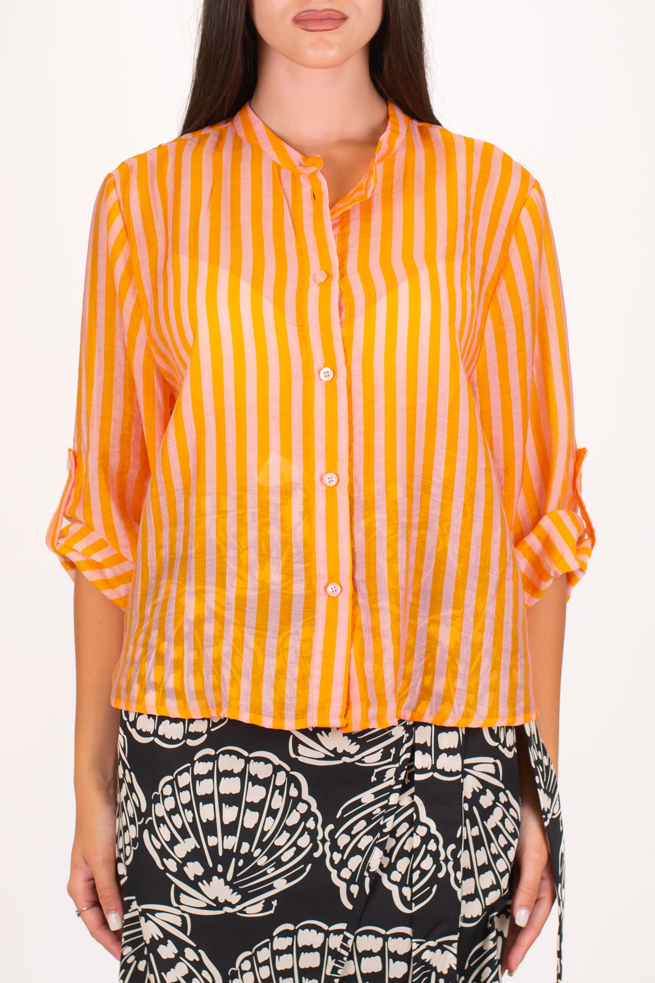 Haveone - Camicia a righe strette in lyocell con collo coreano e pinces sul retro