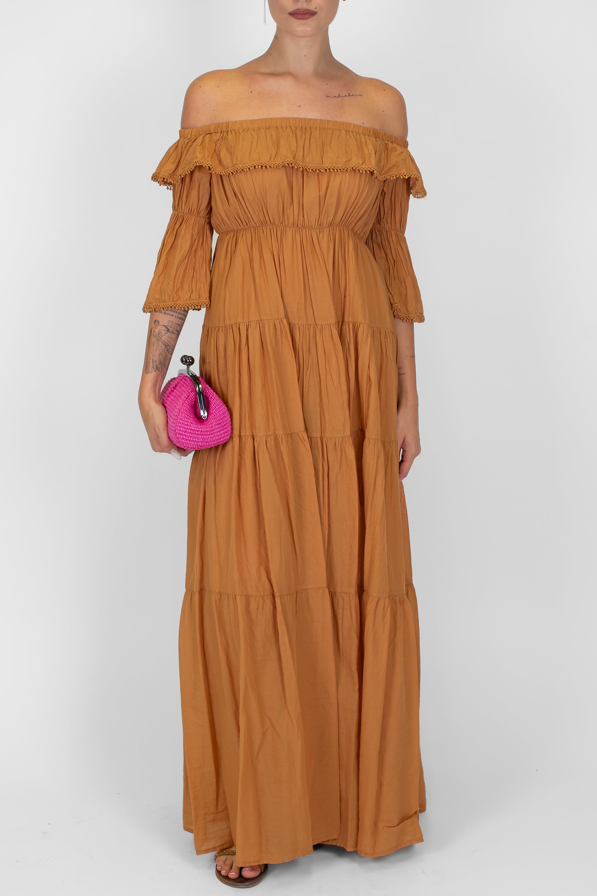 Dixie - Abito lungo in mussola di cotone con collo schiffer