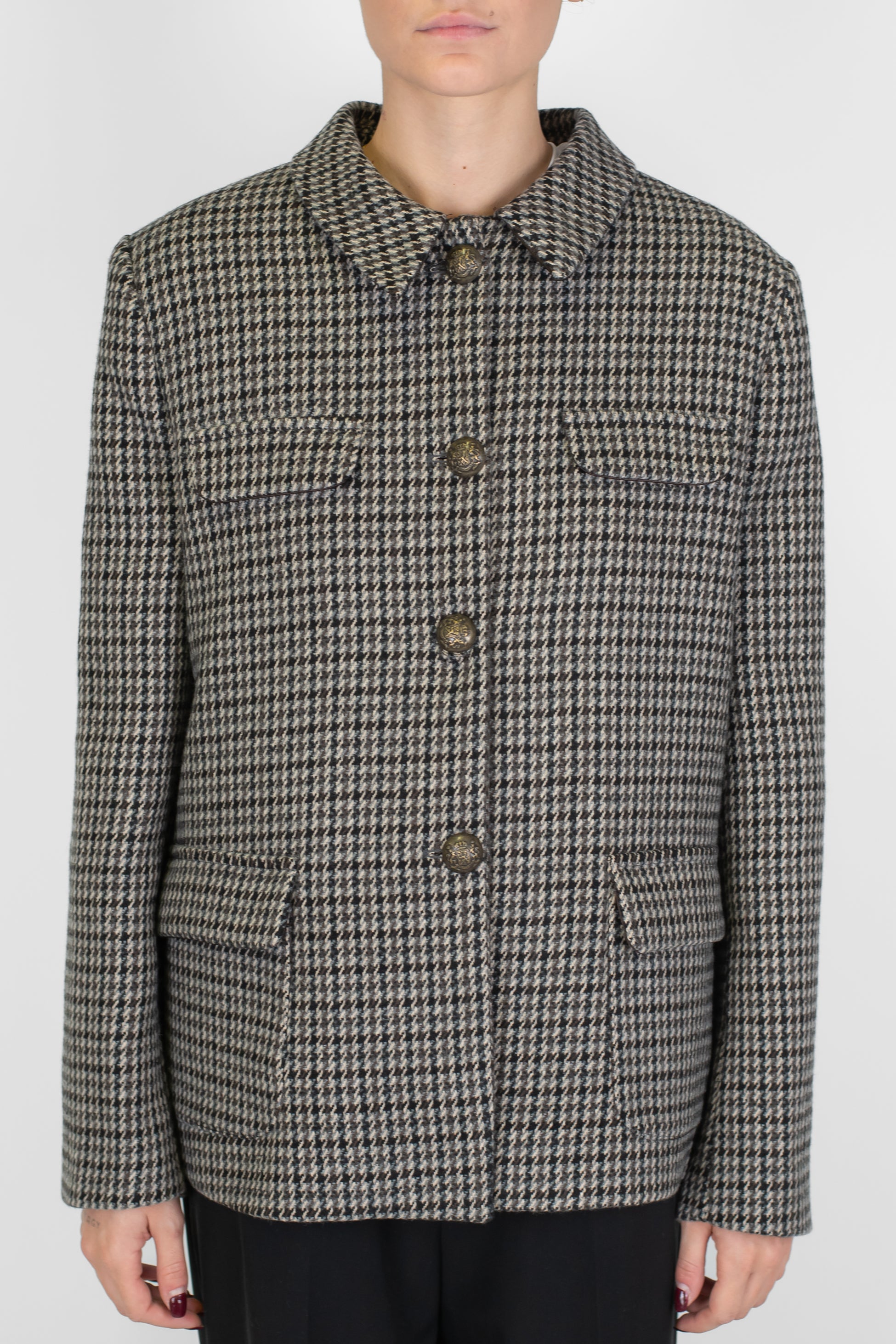 Tensione in - Cappotto corto fantasia pied de poule in misto lana con spalline