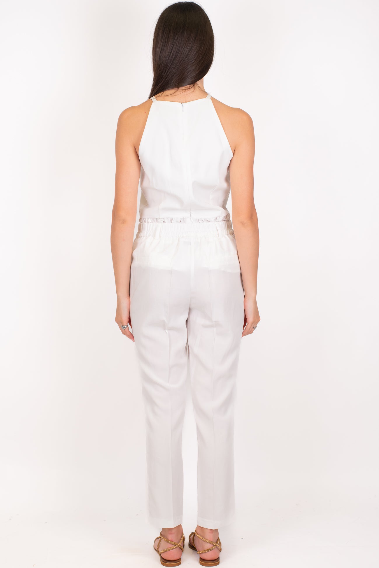 Motel - Coordinato in misto tencell e lino con top volant e pantalone slim con elastico sul retro