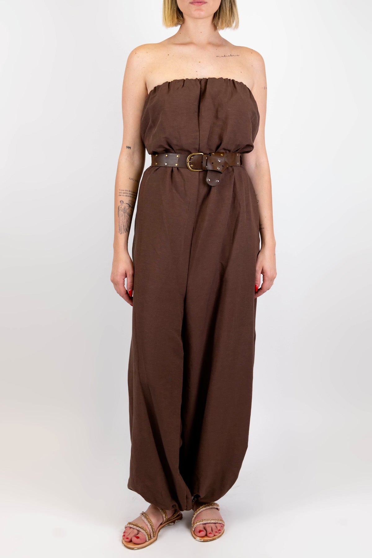 Tensione in - Tuta a fascia in misto lino con elastico alla caviglia