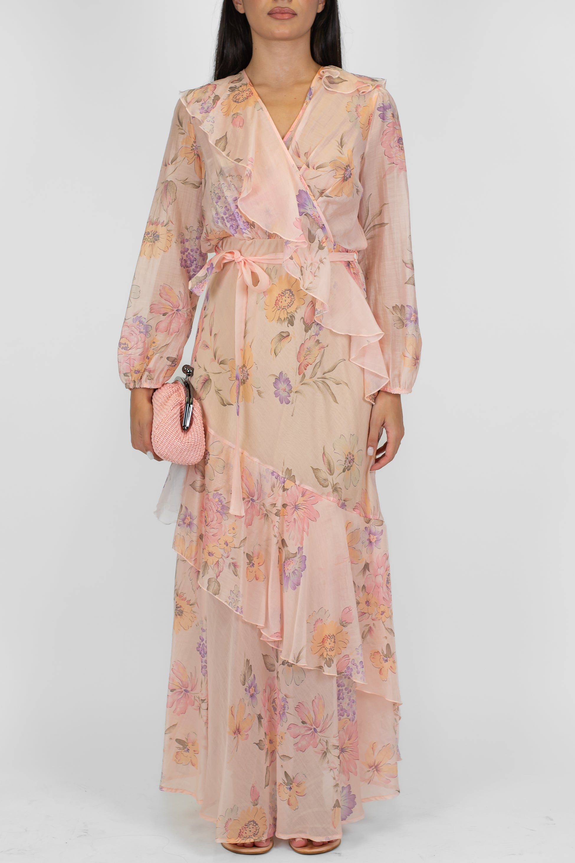 Dixie - Abito lungo a portafoglio fantasia floreale in lyocell con rouches