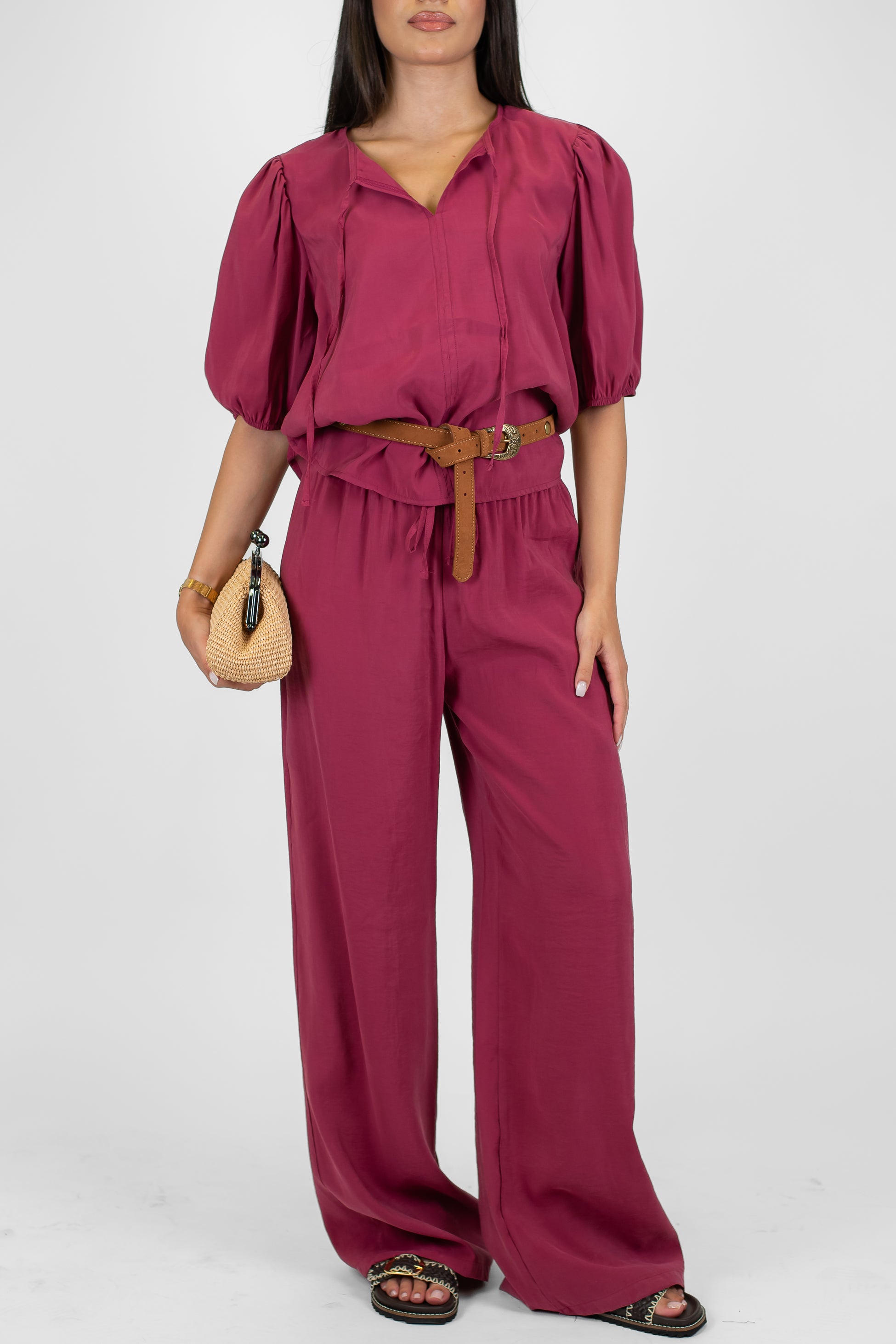 Haveone - Coordinato in modal con t-shirt scollo a V con lacci e pantalone palazzo con coulisse