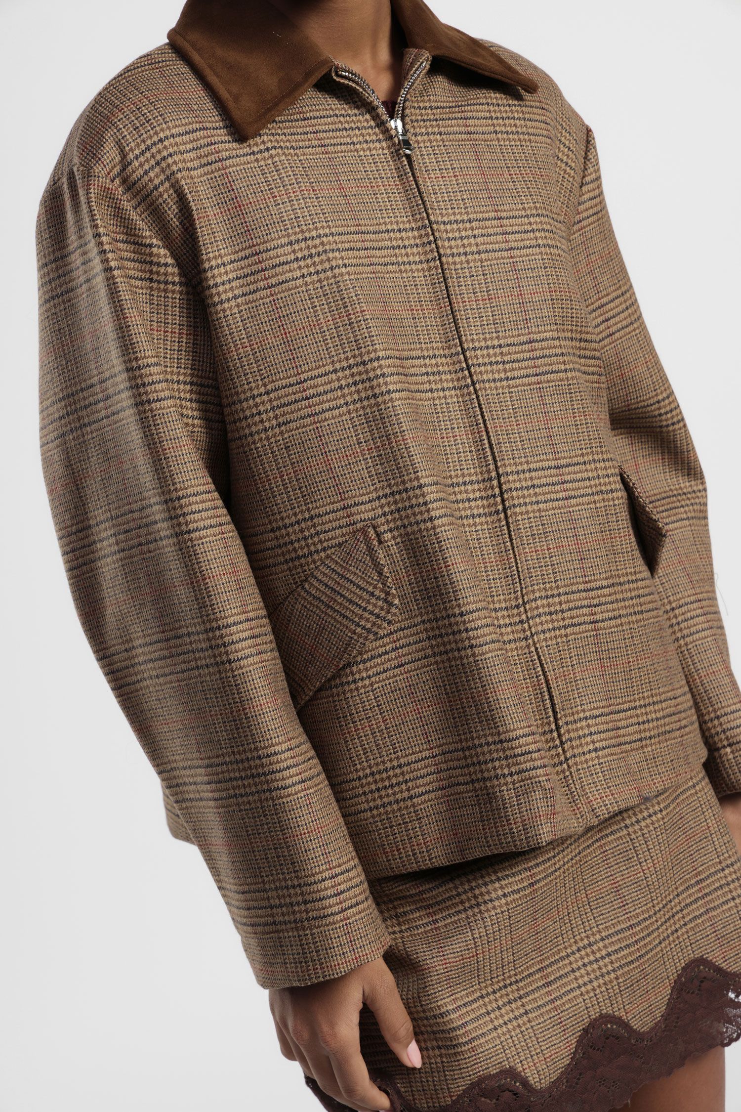 Dixie - Giubbino crop fantasia principe di galles in lana con colletto a contrasto