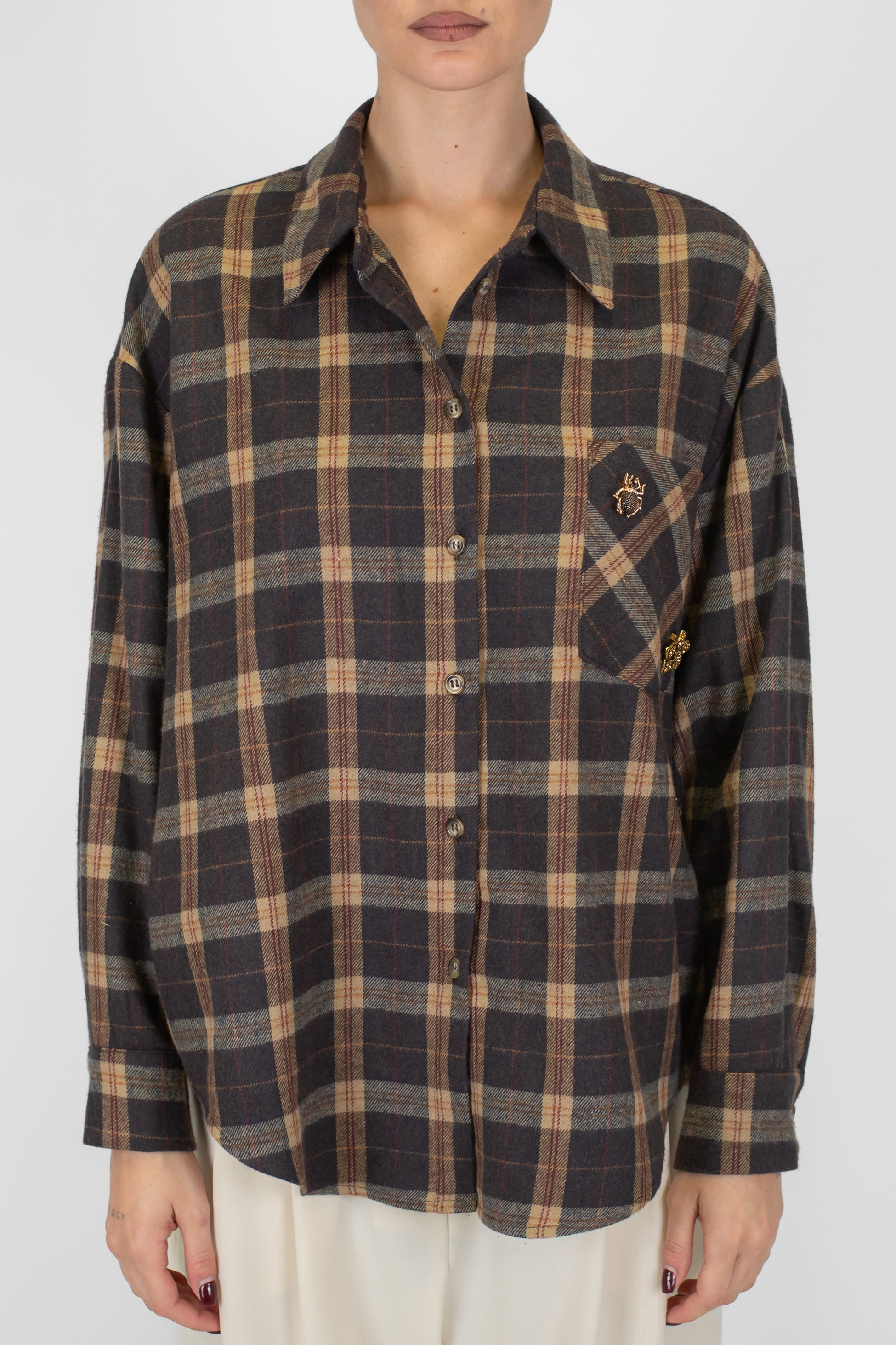 Motel - Camicia fantasia quadri con spille sul taschino