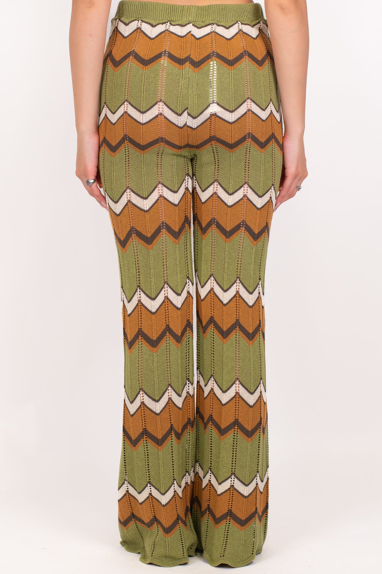Dixie - Pantalone a zampa fantasia zig zag in maglia lavorata e traforata con elastico in vita