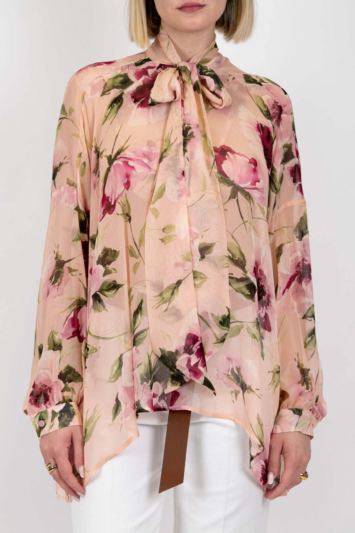 Dixie - Blusa fantasia floreale in viscosa con fiocco al collo