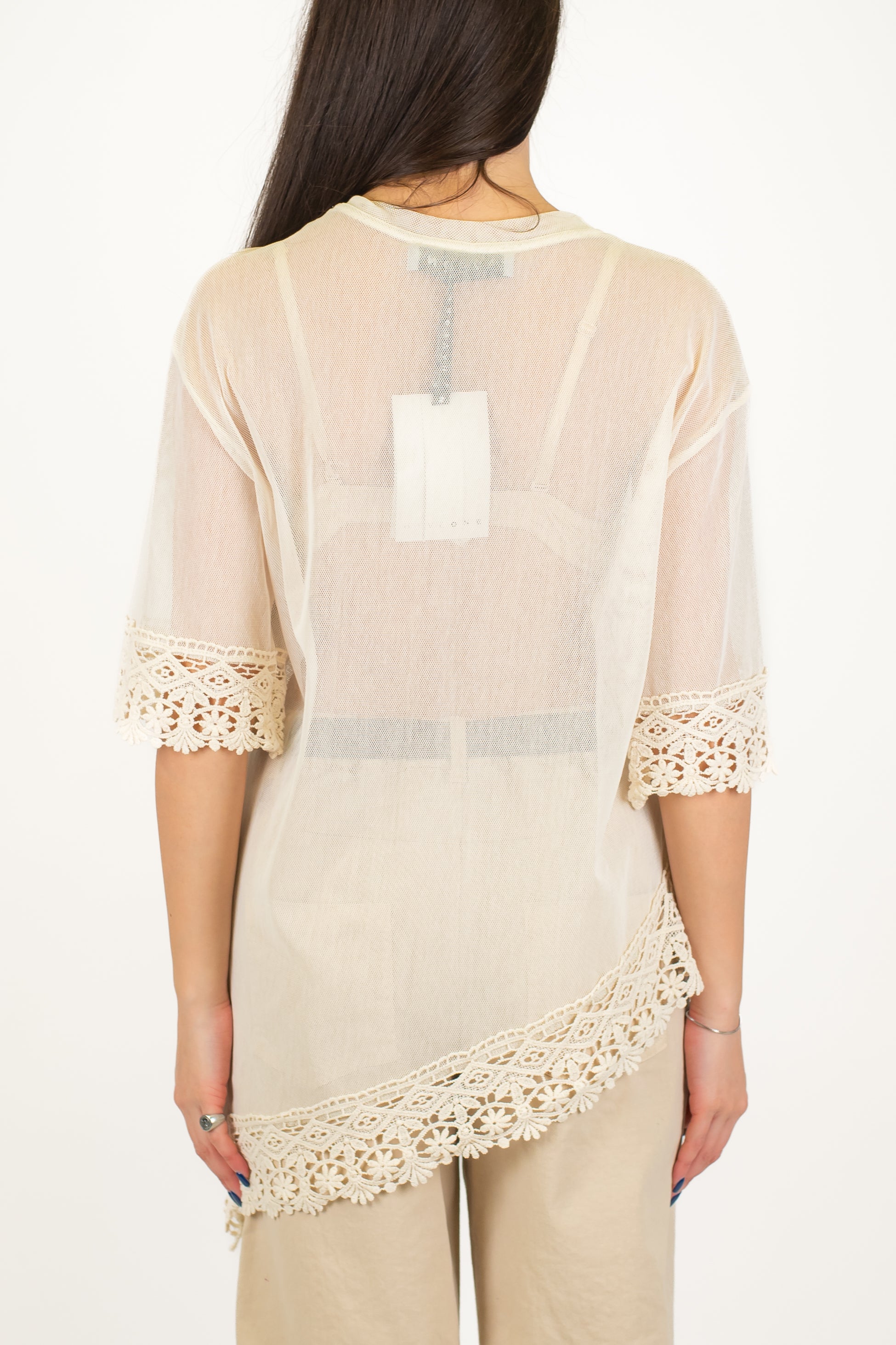 Haveone - T-shirt a rete asimmetrica con dettagli in pizzo
