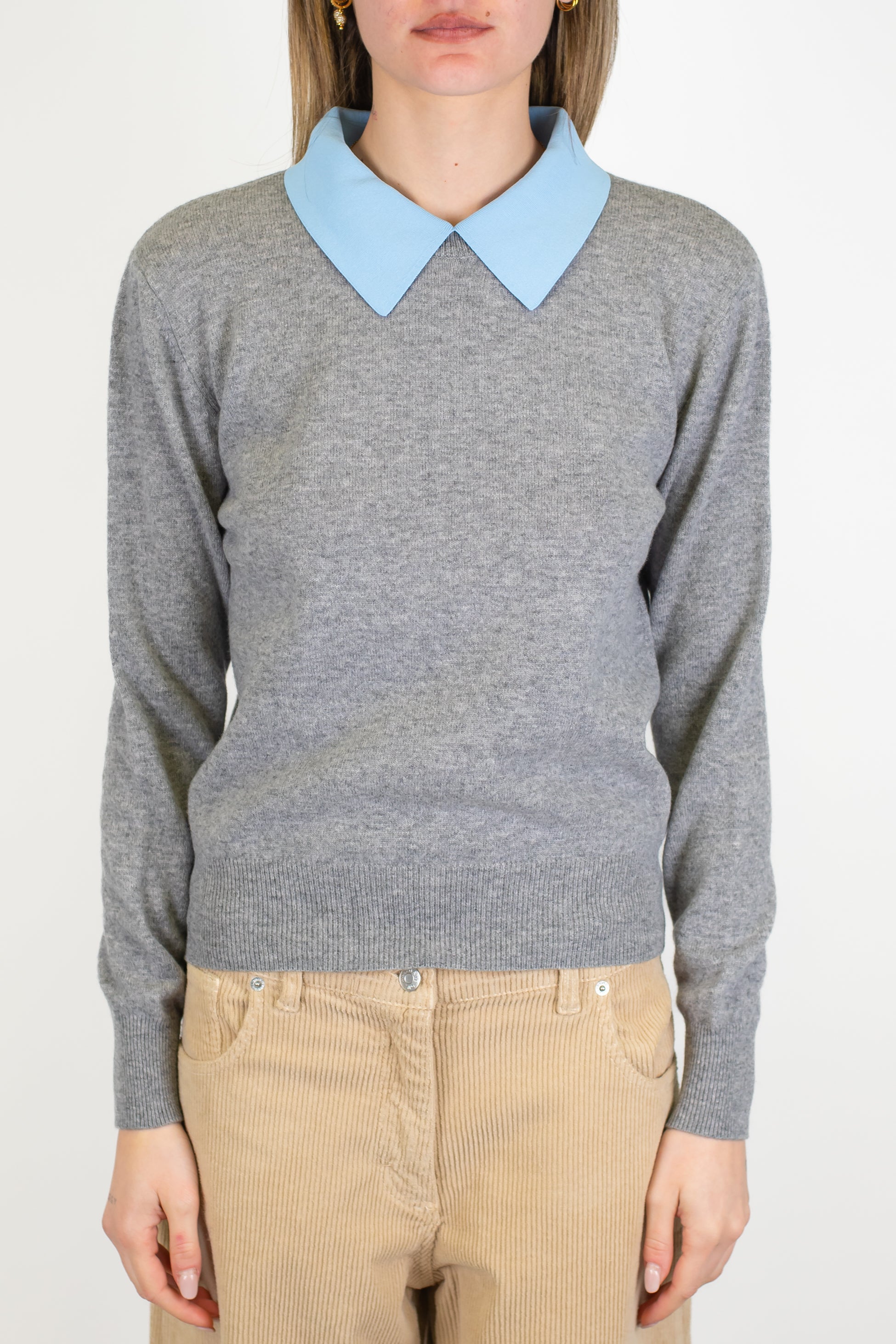 Motel - Maglia in pura lana con colletto camicia a contrasto