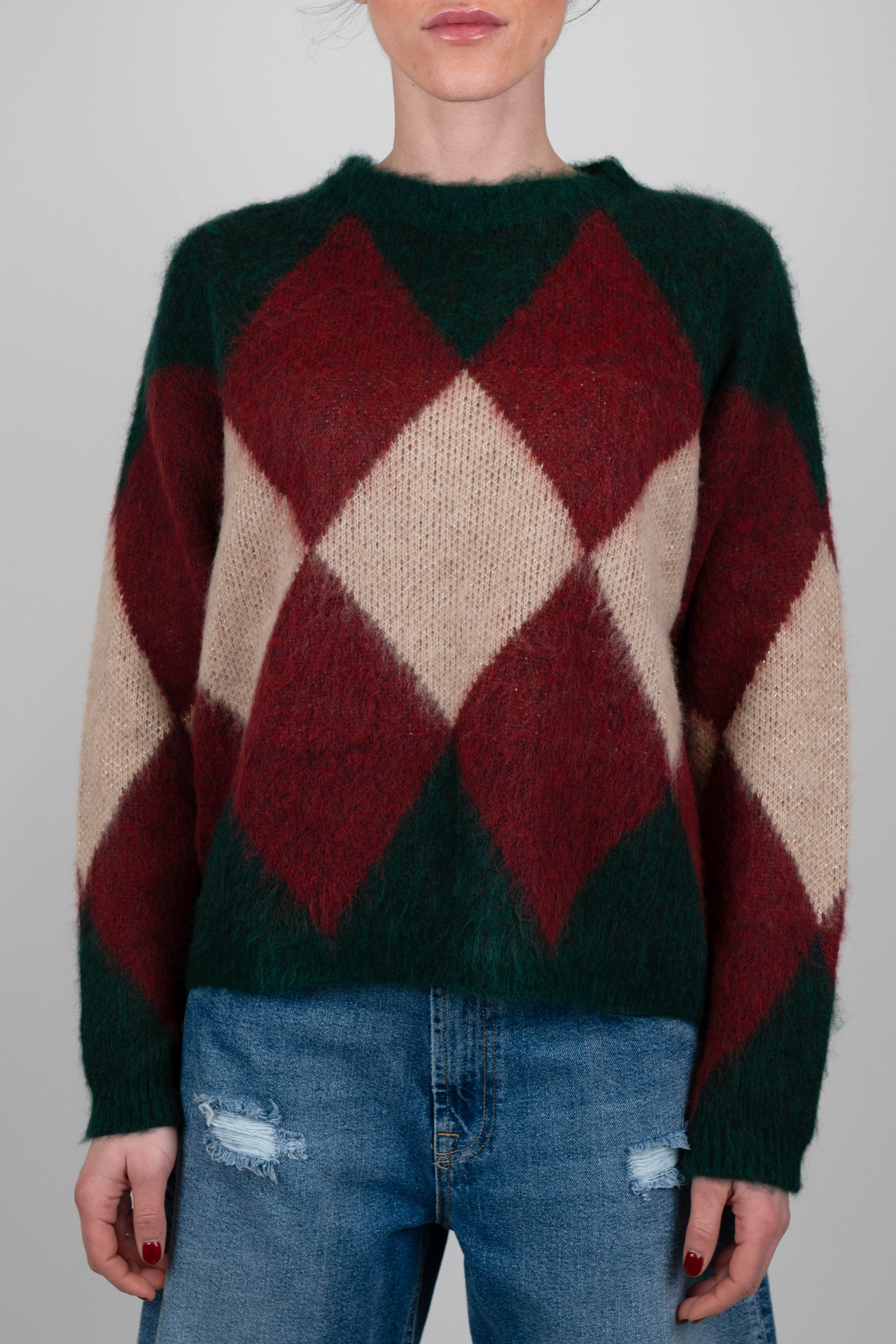 Tensione in - Maglia girocollo fantasia rombi multicolor in misto lana