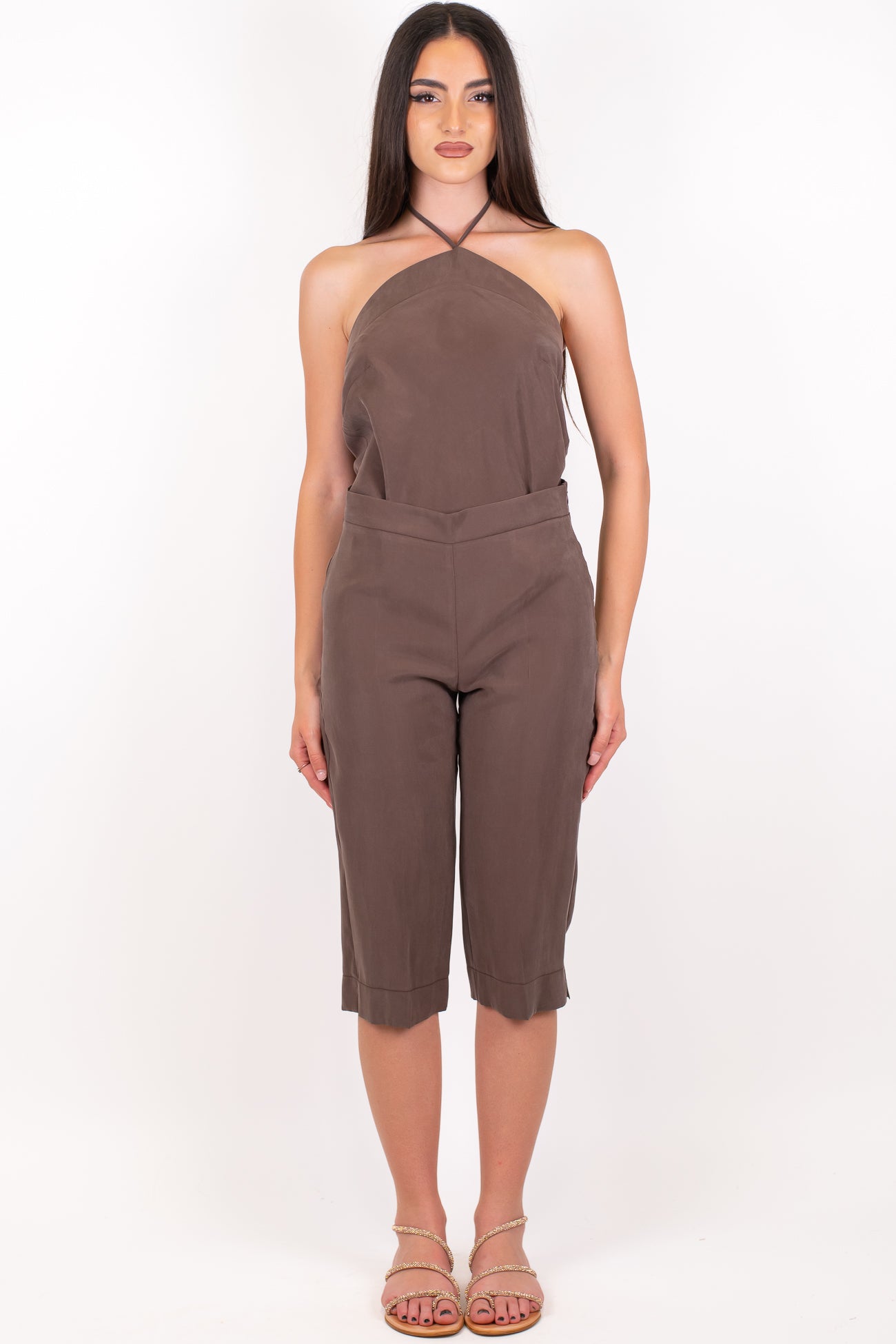 Maryley - Coordinato in modal top fazzoletto scollo americano e pinocchietto con chiusura zip laterale