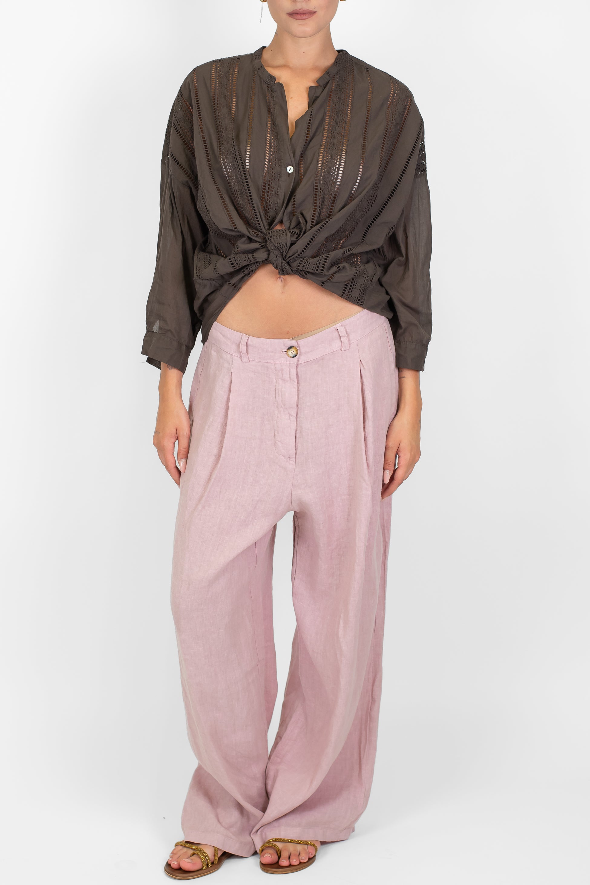 Motel - Camicia in cotone traforato con collo coreano