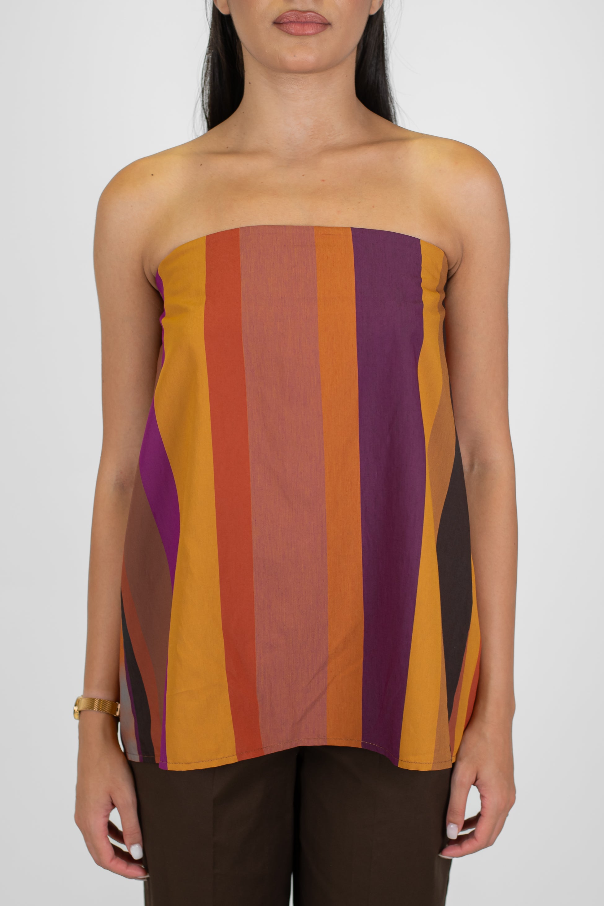 Tensione in -Top lungo a fascia multicolor in cotone/lino